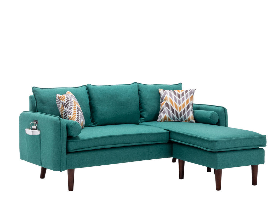 Mia Green Sectional Sofa Chaise with USB Charger & Pillows