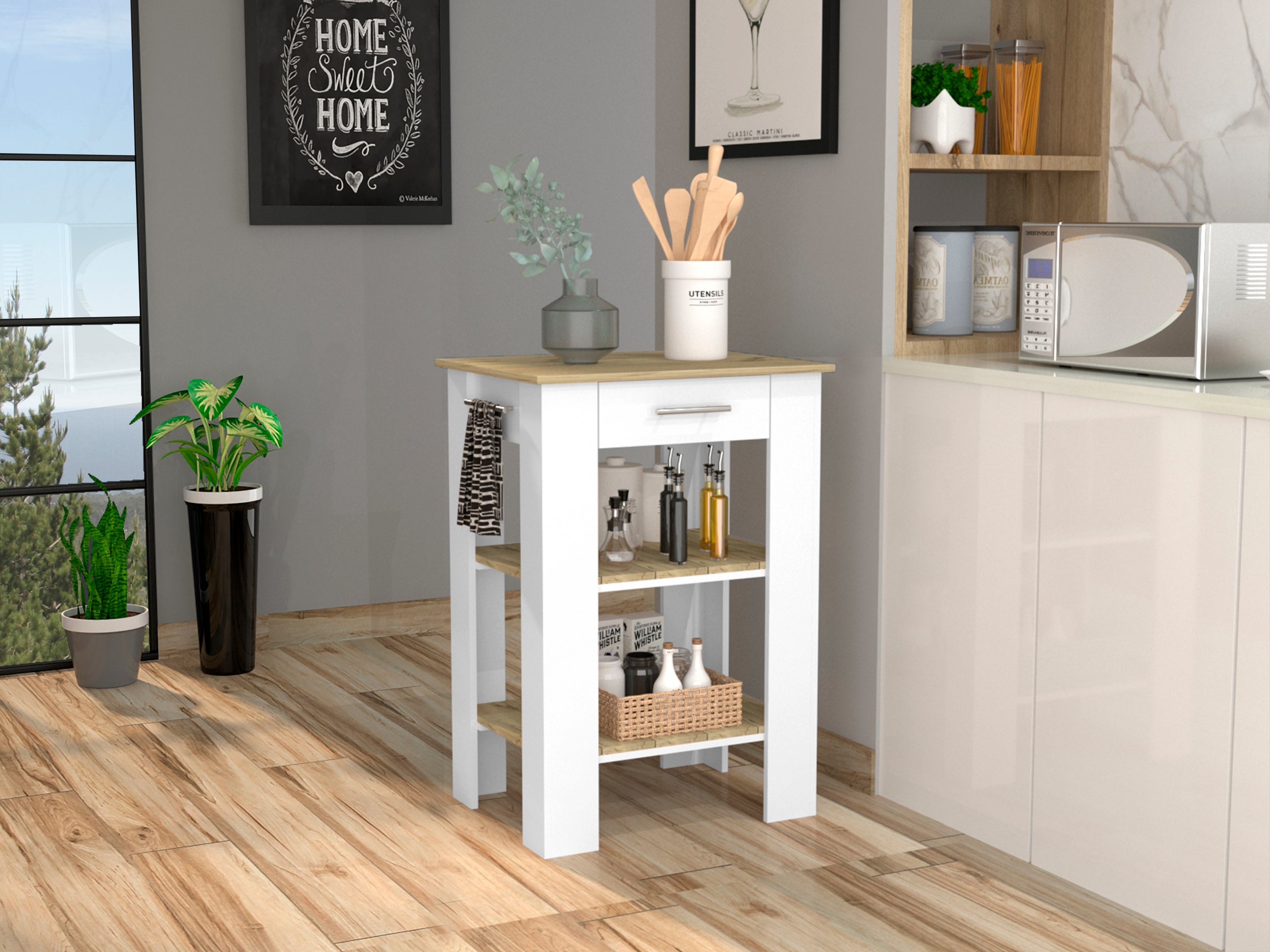 Rockaway 1-Drawer 2-Shelf Kitchen Island White and Light Oak