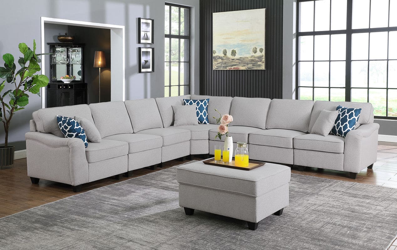 Leo Light Gray Linen 8Pc Modular L-Shape Sectional Sofa and Ottoman