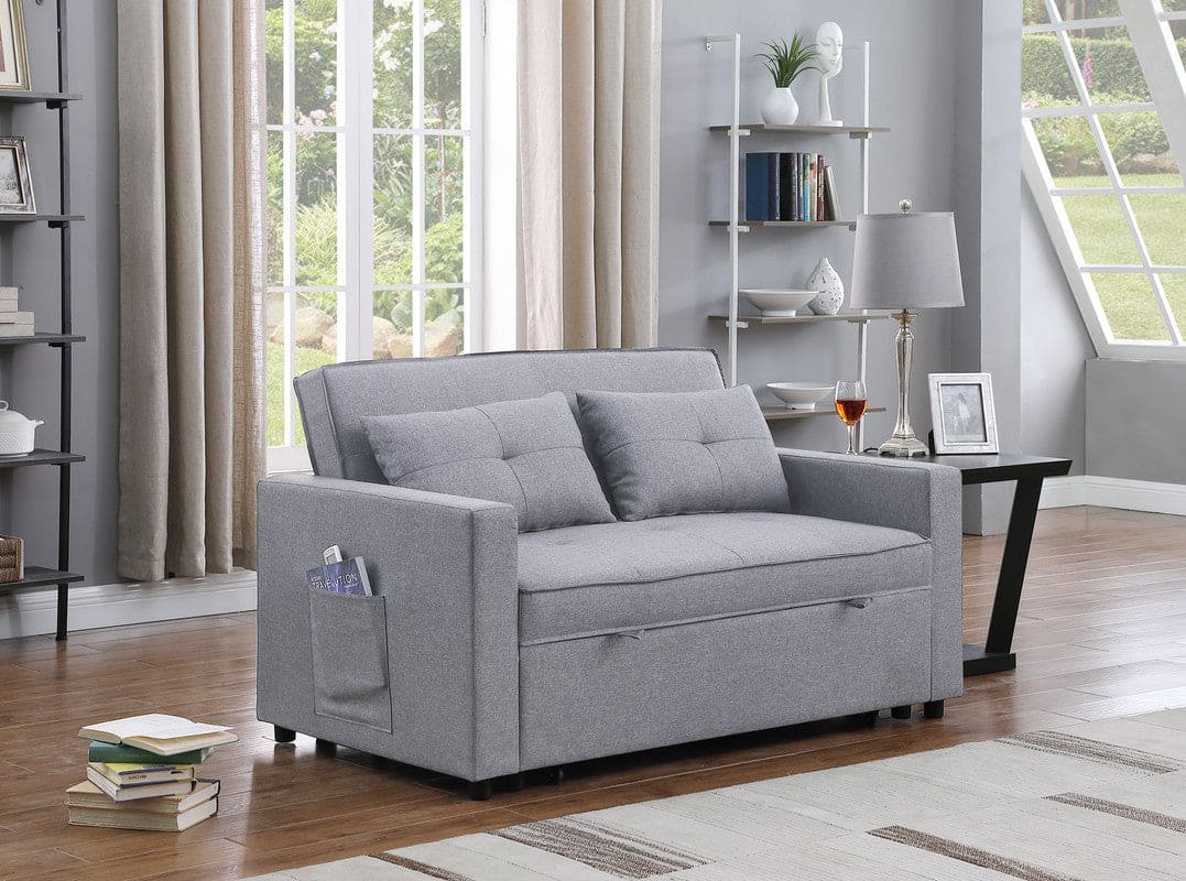 Zoey Light Gray Linen Convertible Sleeper Loveseat with Side Pocket