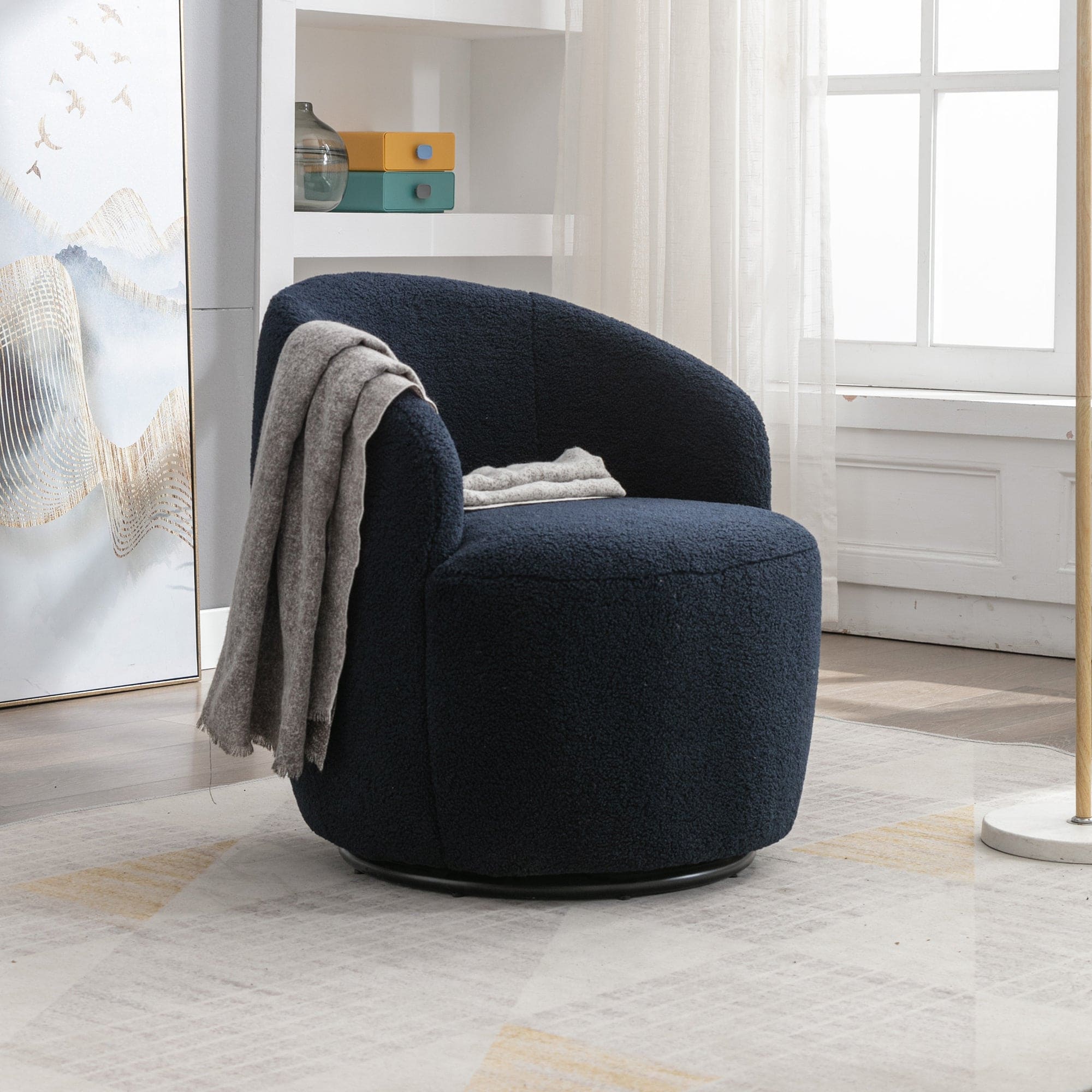 Teddy Fabric Swivel Accent Armchair Barrel Chair With Black Powder Coating Metal Ring,Dark Blue