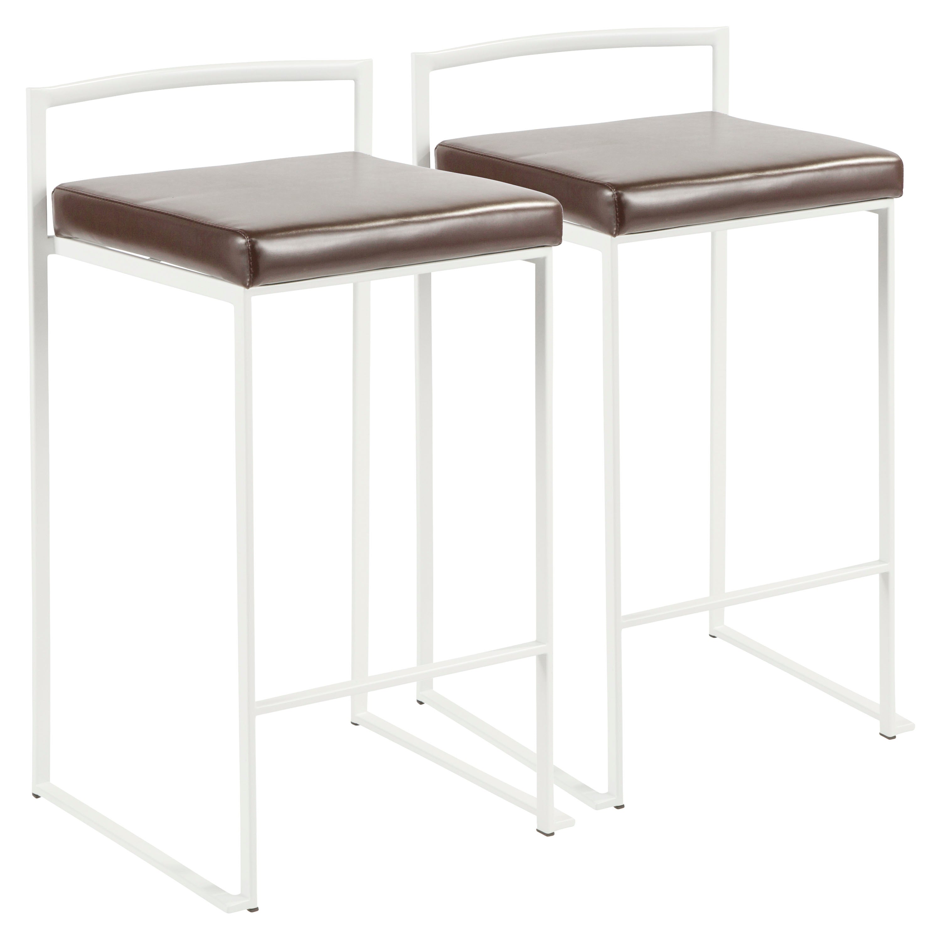 Fuji Contemporary Stackable Counter Stool in White with Brown Faux Leather Cushion by LumiSource - Set of 2