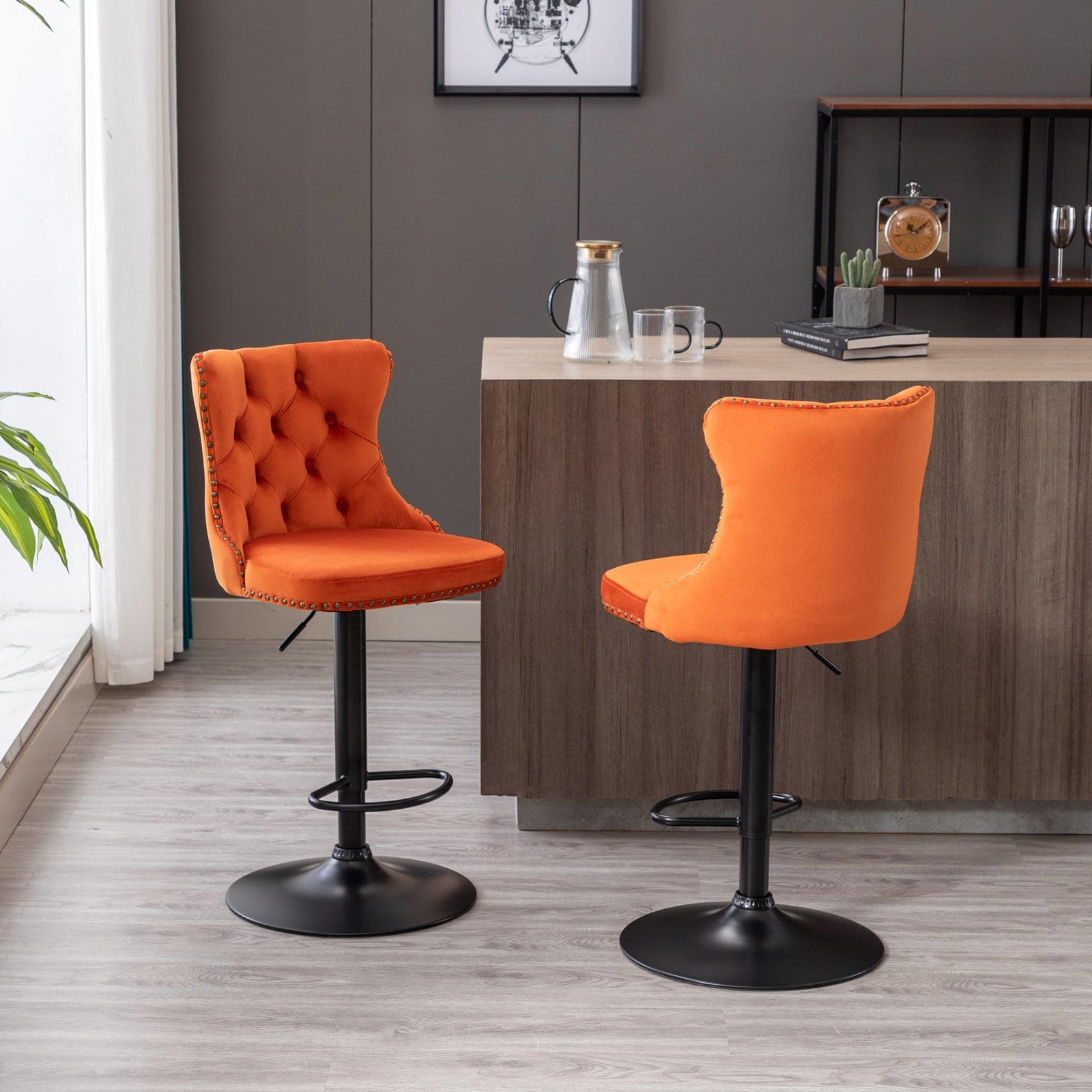 A&A Furniture,Swivel Velvet Barstools Adjusatble Seat Height from 25-33 Inch, Modern Upholstered Bar Stools with Backs Comfortable Tufted for Home Pub and Kitchen Island（Orange,Set of 2）