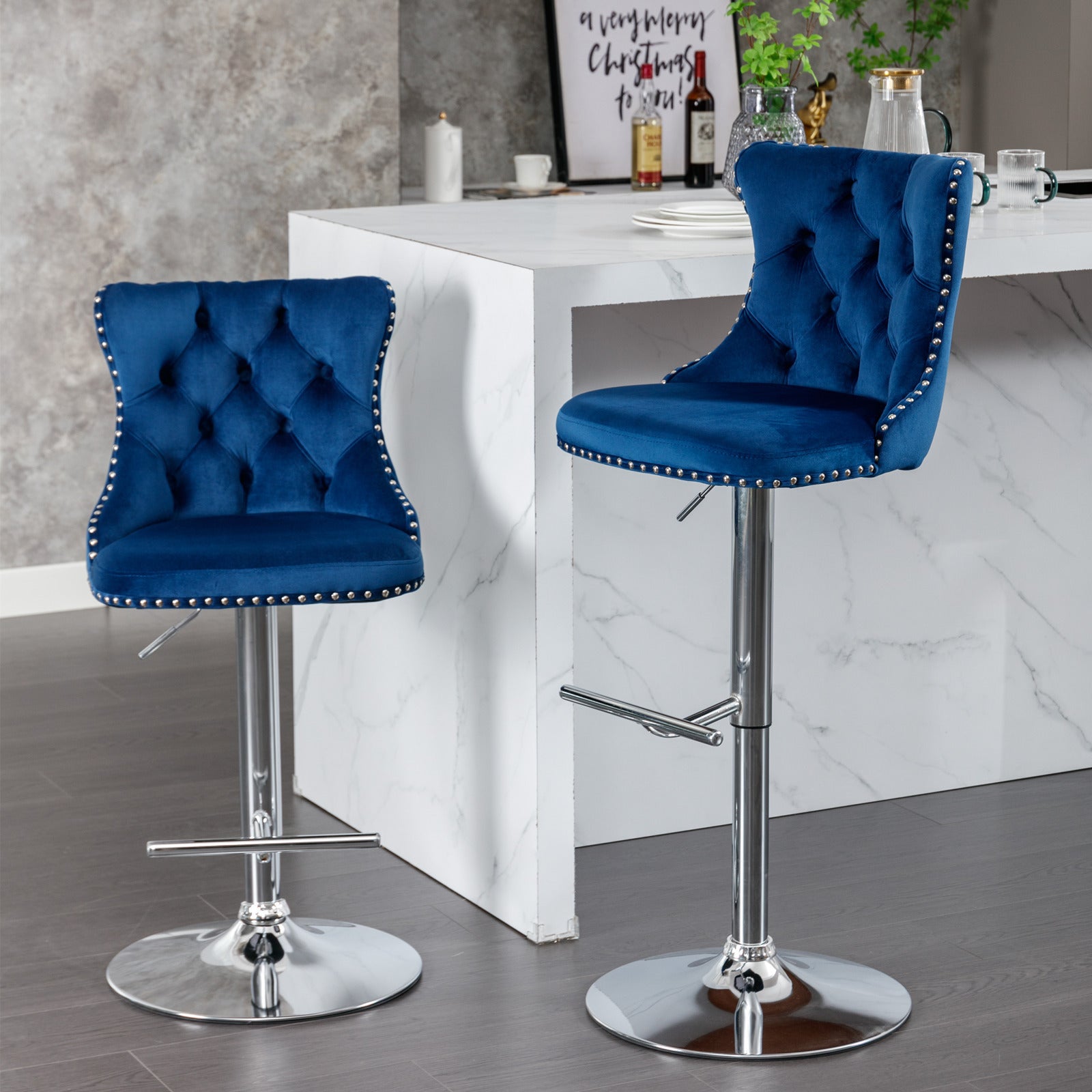 A&A Furniture,Swivel Velvet Barstools Blue,Set of 2