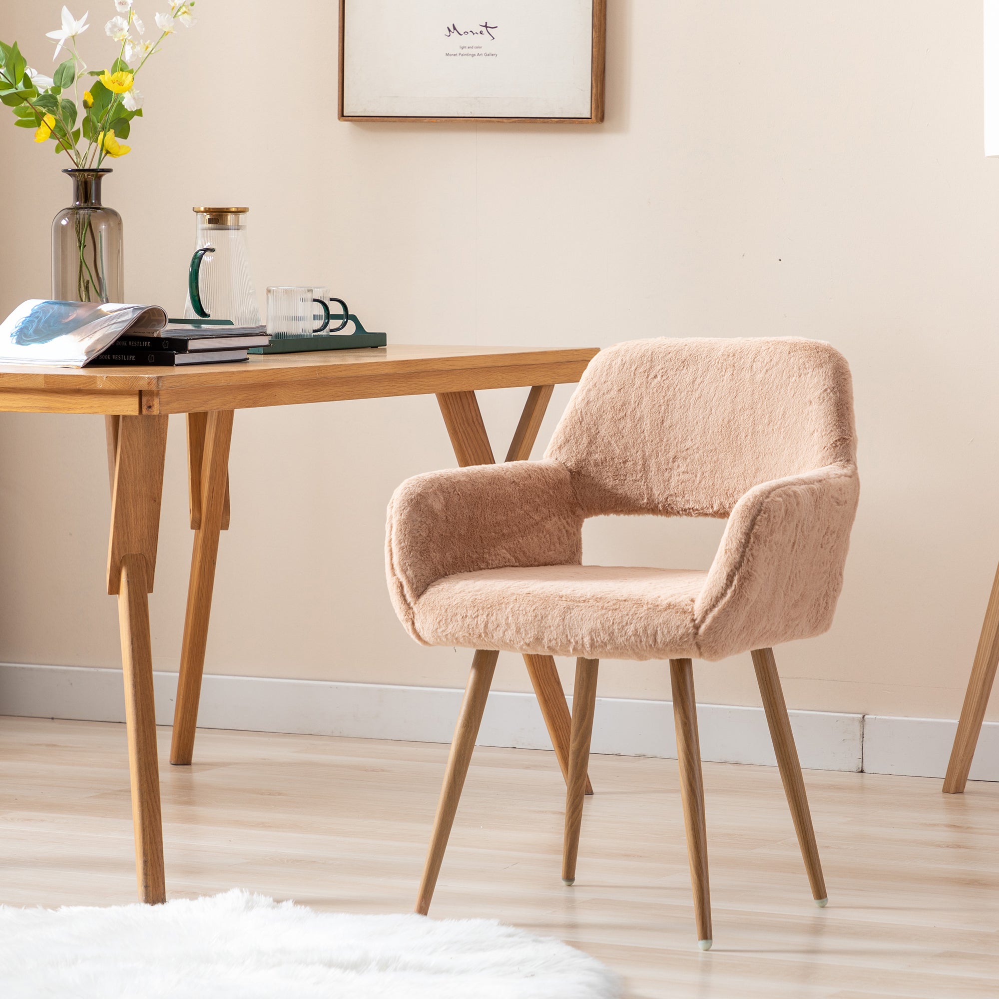 HengMing Dining Chairs with Faux Fur, Mid Century Side Chairs with Solid Painting Steel Leg for Dining Room