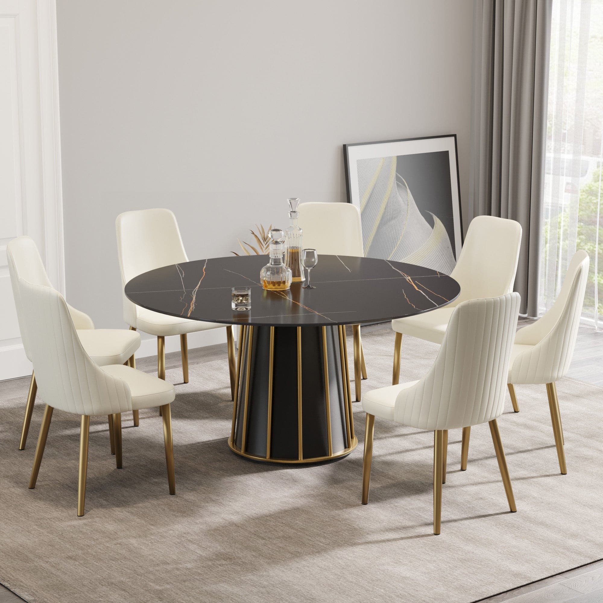 59.05"modern artificial stone round black metal iron base dining table-can accommodate 8 people.(Not including chairs)