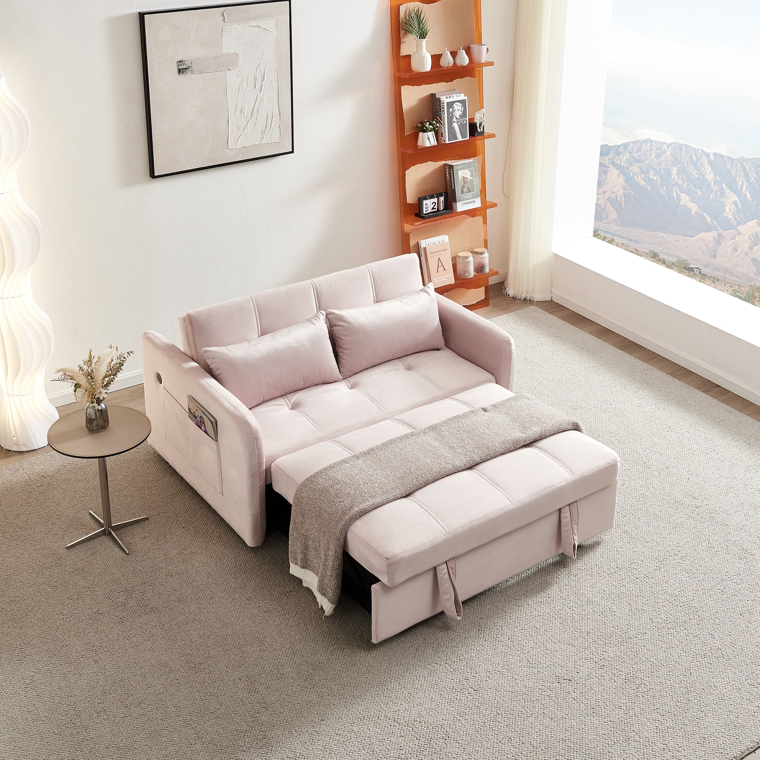 55.5" Twins Pull Out Sofa Bed  Pink Velvet