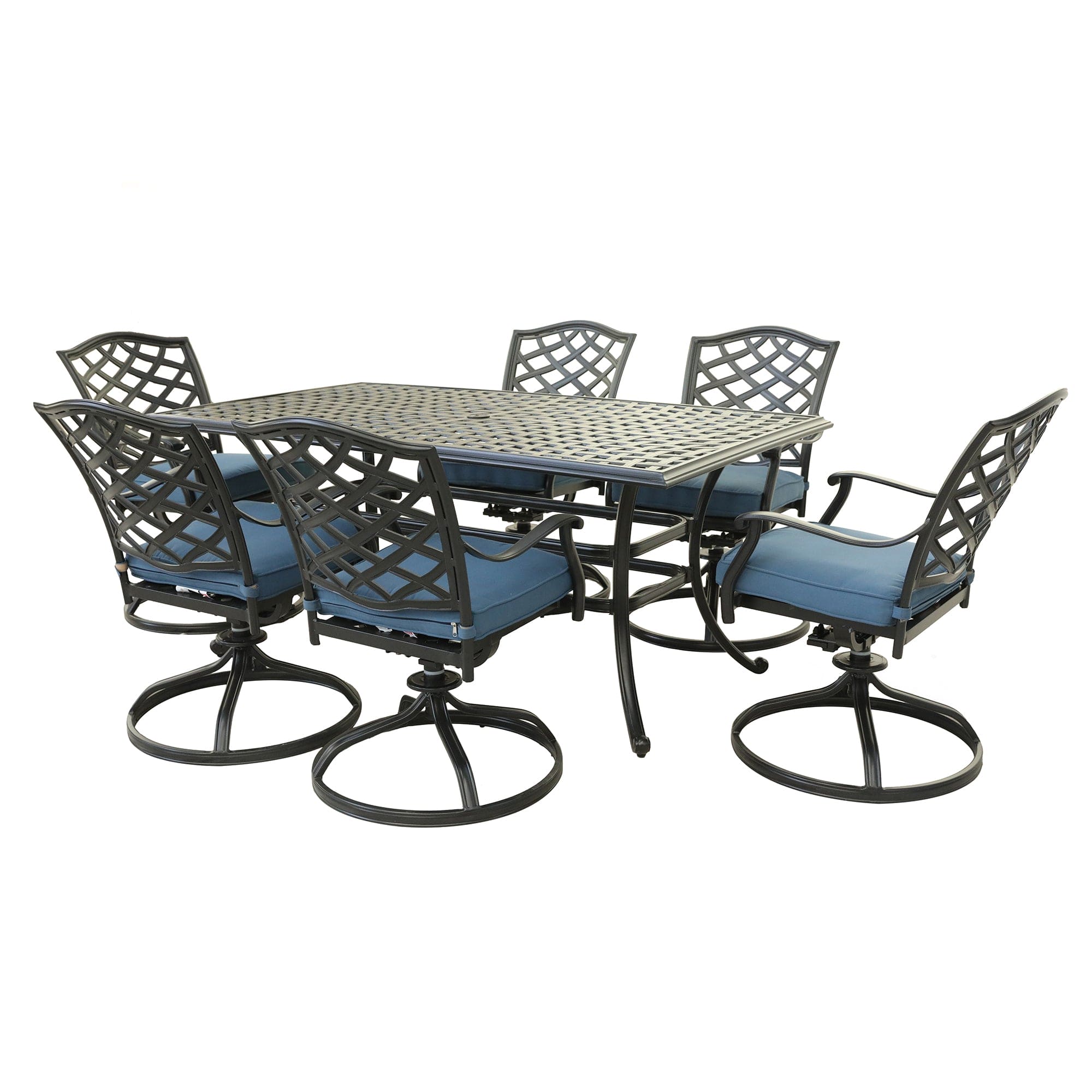 Aluminum 7-Piece Rectangular Dining Set With 6 Swivel Rockers, Sapphire Blue