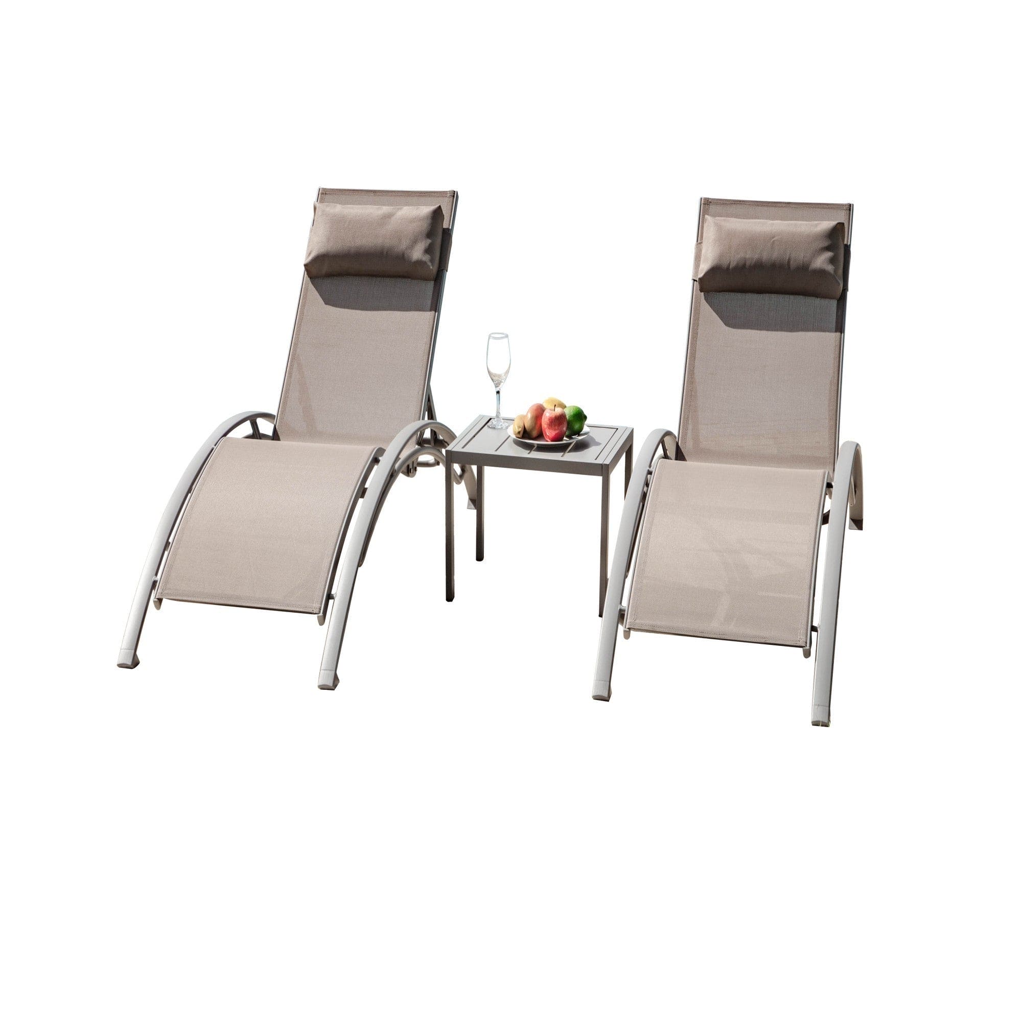 Pool Lounge Chairs Set of 3, Adjustable Aluminum Outdoor Chaise Lounge Chairs with Metal Side Table, All Weather for Deck Lawn Poolside Backyard (Khaiki, 2 Lounge Chair+1 Table)