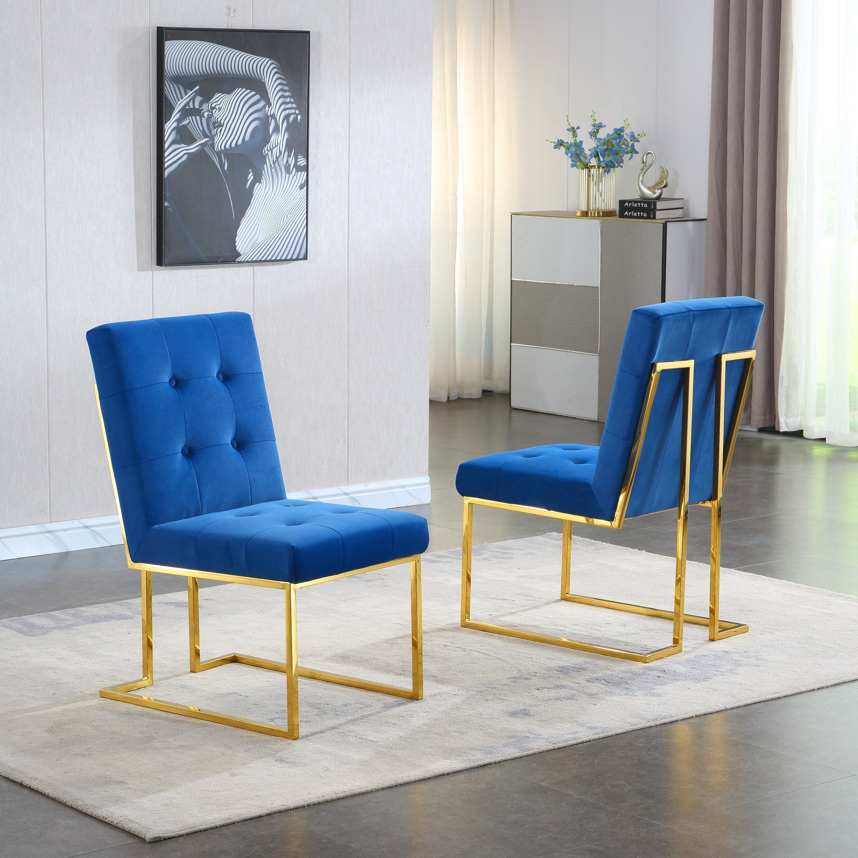 Modern Velvet Dining Chair Set of 2, Tufted Design and Gold Finish Stainless Base