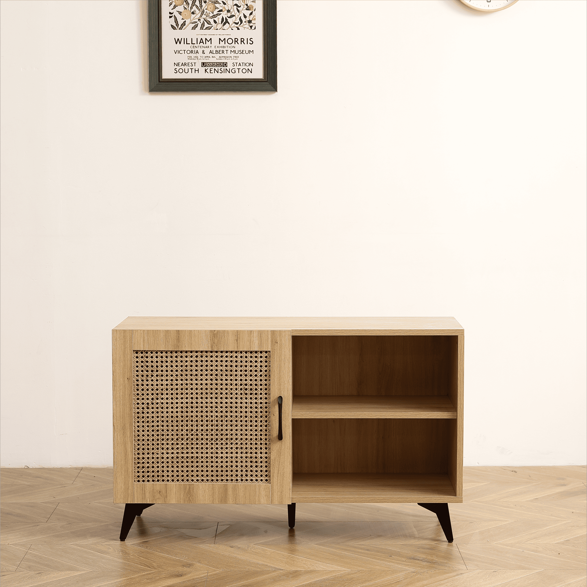 Modern Shoe-Storage Cabinet with Natural Rattan Mesh Door and Solid Wooden Handle 39.37inch