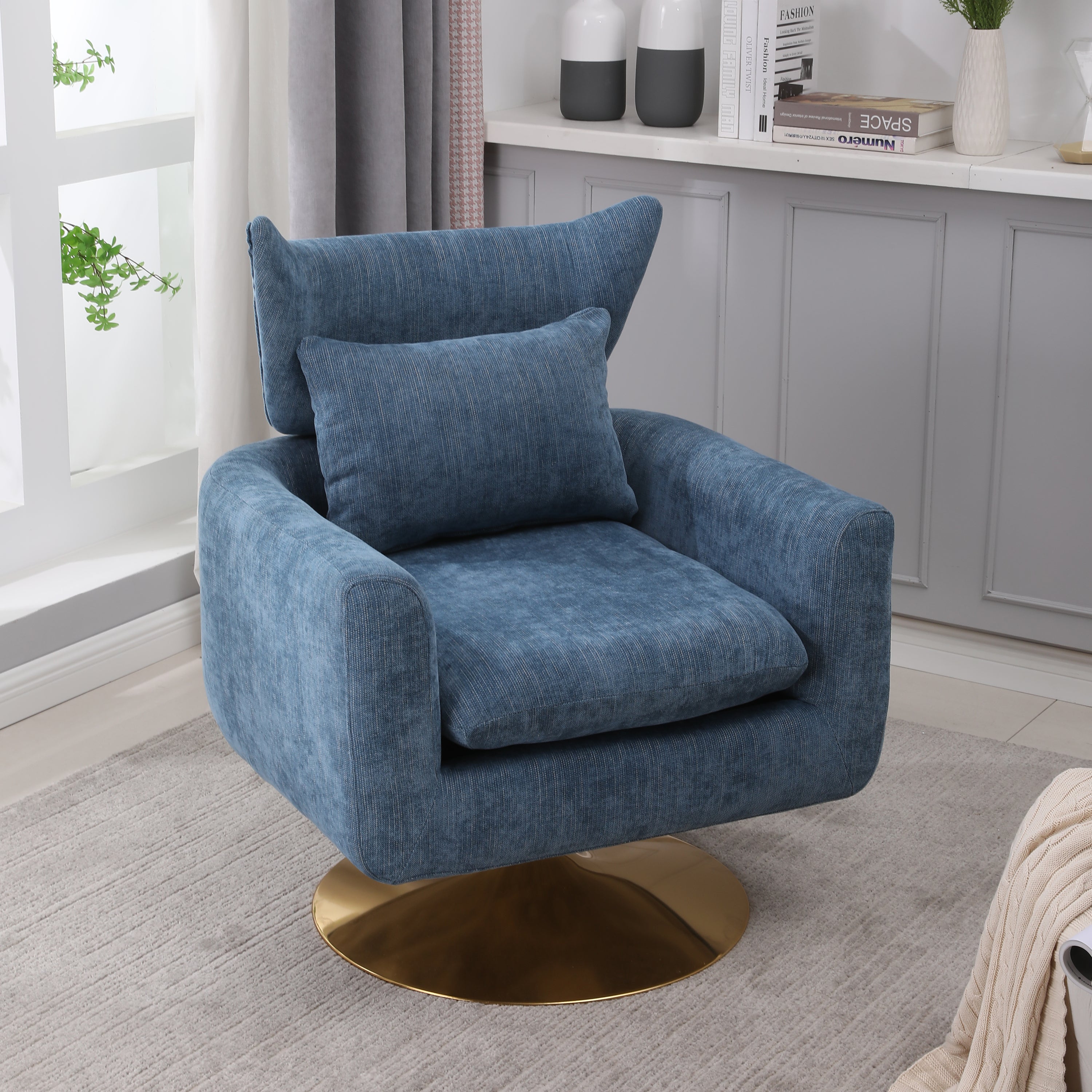 Classic Mid-Century 360-degree Swivel  Accent Chair, Blue Linen