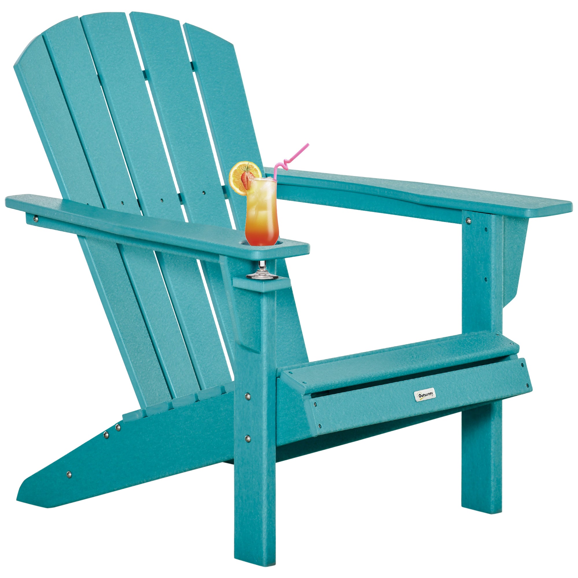 Outsunny HDPE All-Weather Outdoor Adirondack Chair with Cup Holder, Fire Pit Chair for Backyard, Deck, Lawn, Garden, 330lbs Capacity, Light Blue