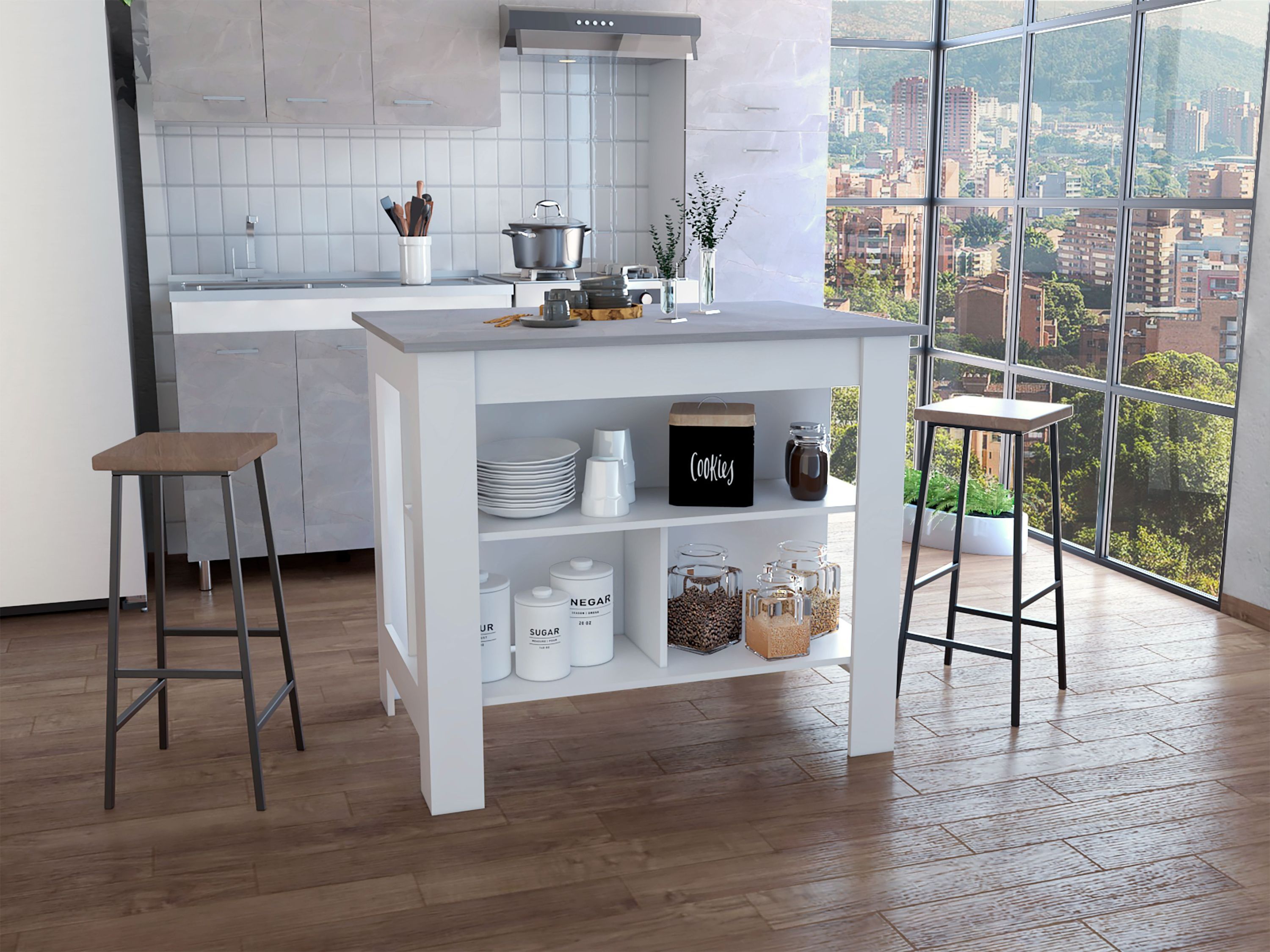 DEPOT E-SHOP Delos Kitchen Island, Four Legs, Three Shelves, White / Ibiza Marble