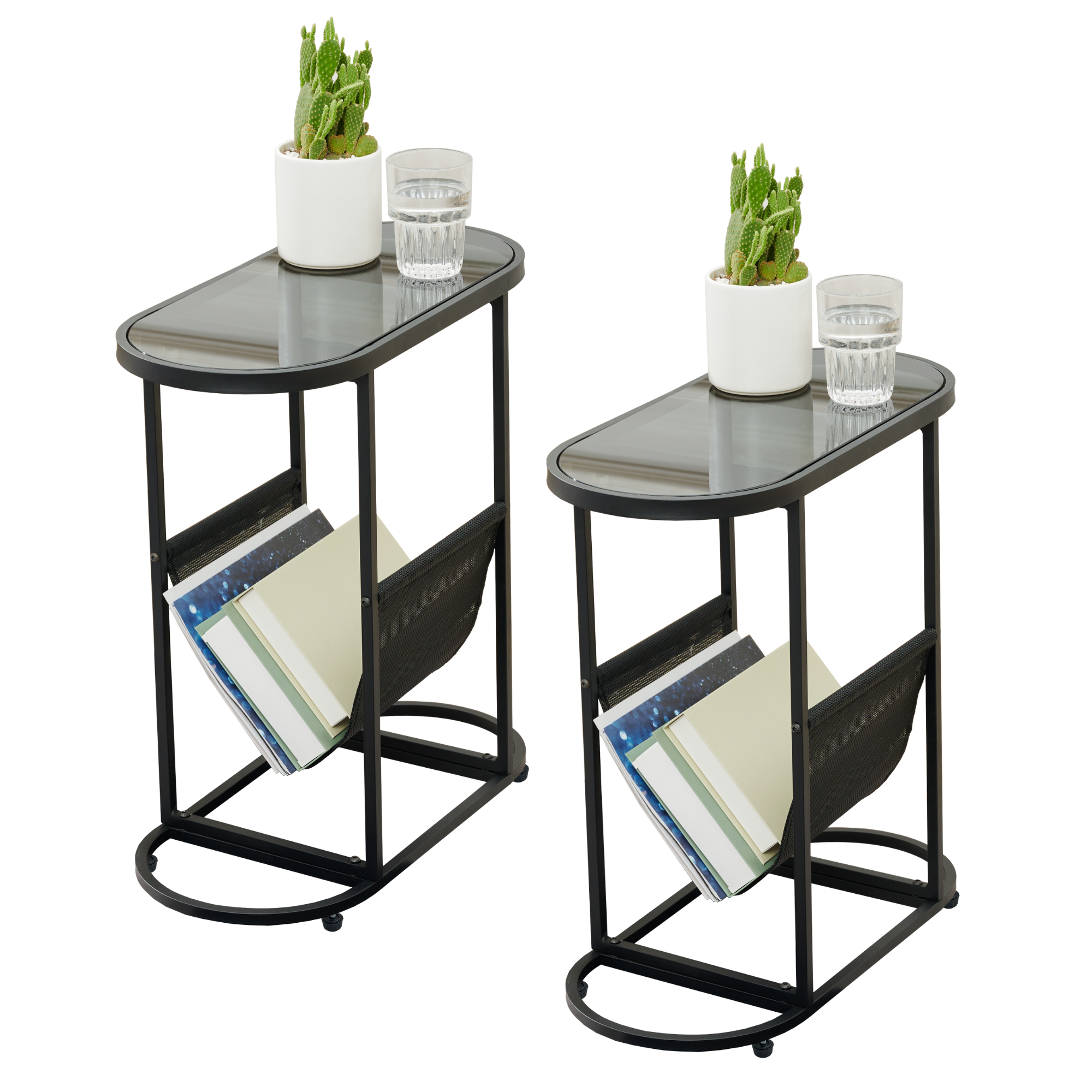 Glass Oval Small Side Tables Living Room Small Space With Magazines Organizer Storage Space (Set of 2)