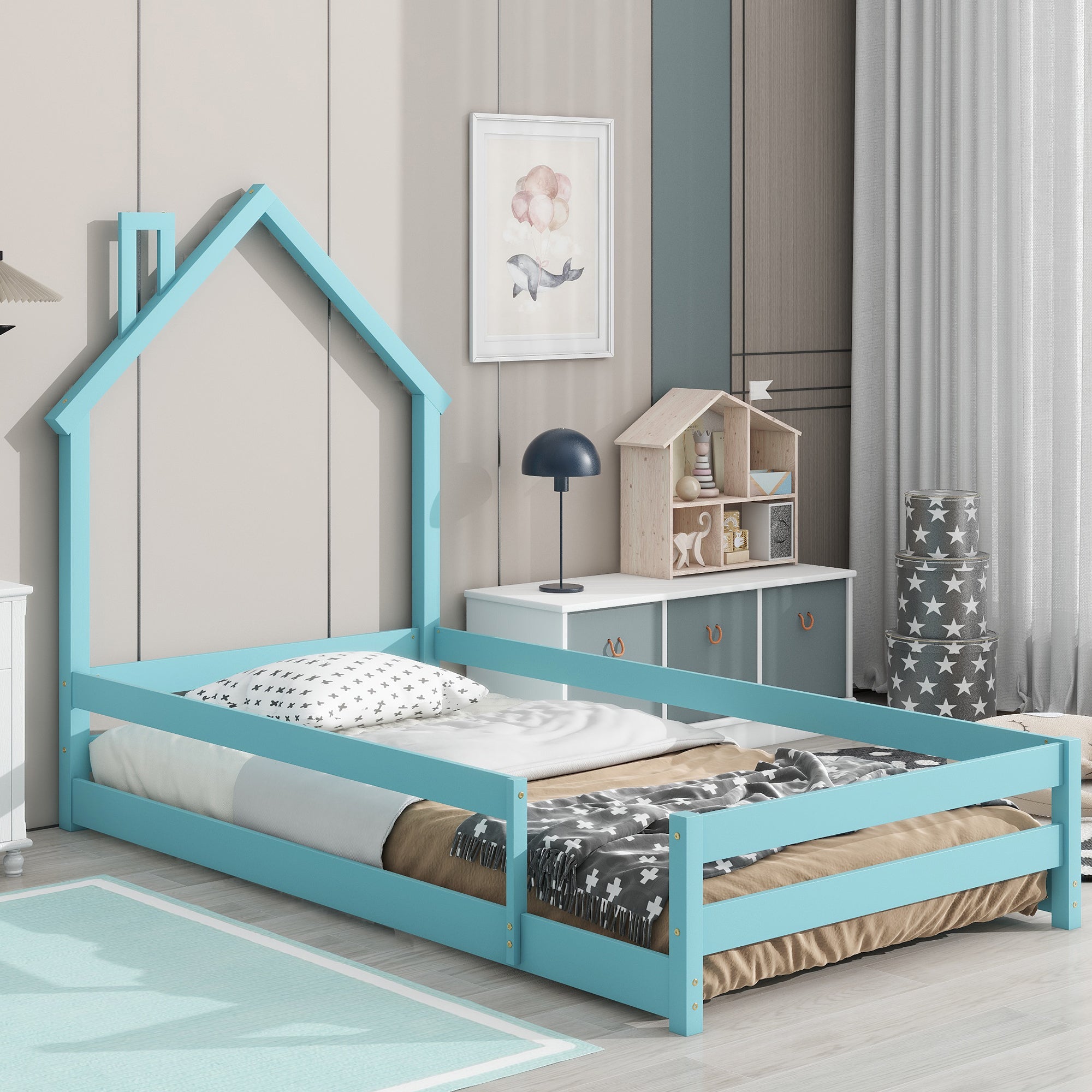 Twin Size Wood bed with House-shaped Headboard Floor bed with Fences,Light Blue