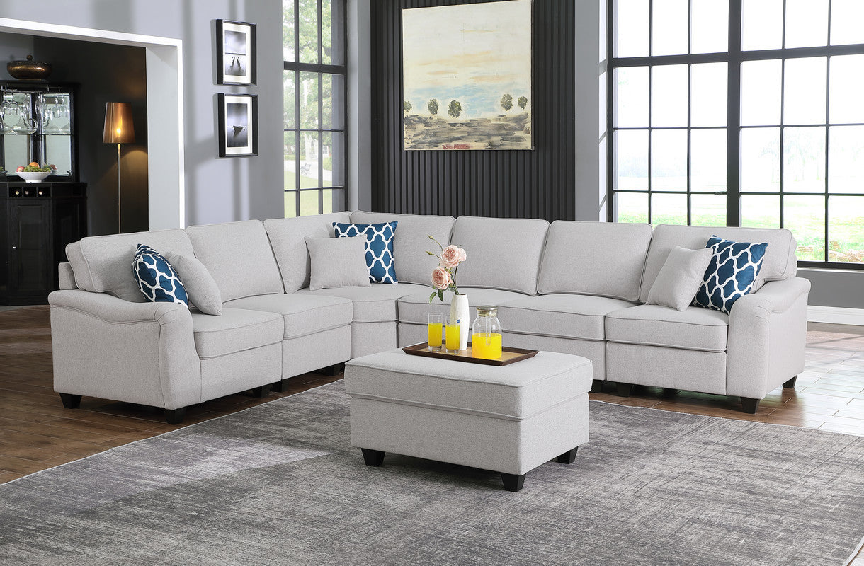 Leo Light Gray Linen 7Pc Modular L-Shape Sectional Sofa and Ottoman