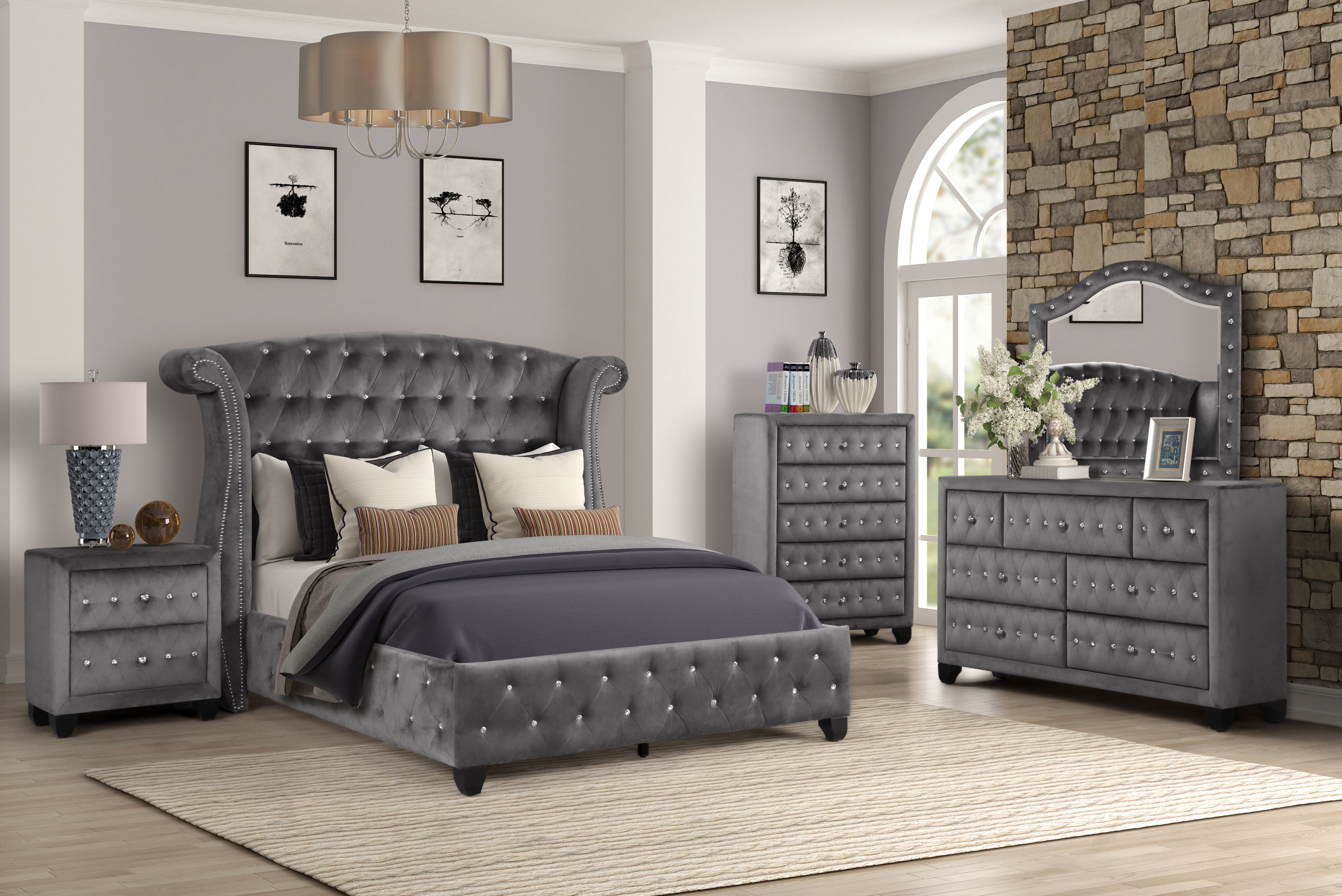 Sophia King 5 Pc Upholstery Bedroom Set Made With Wood in Gray