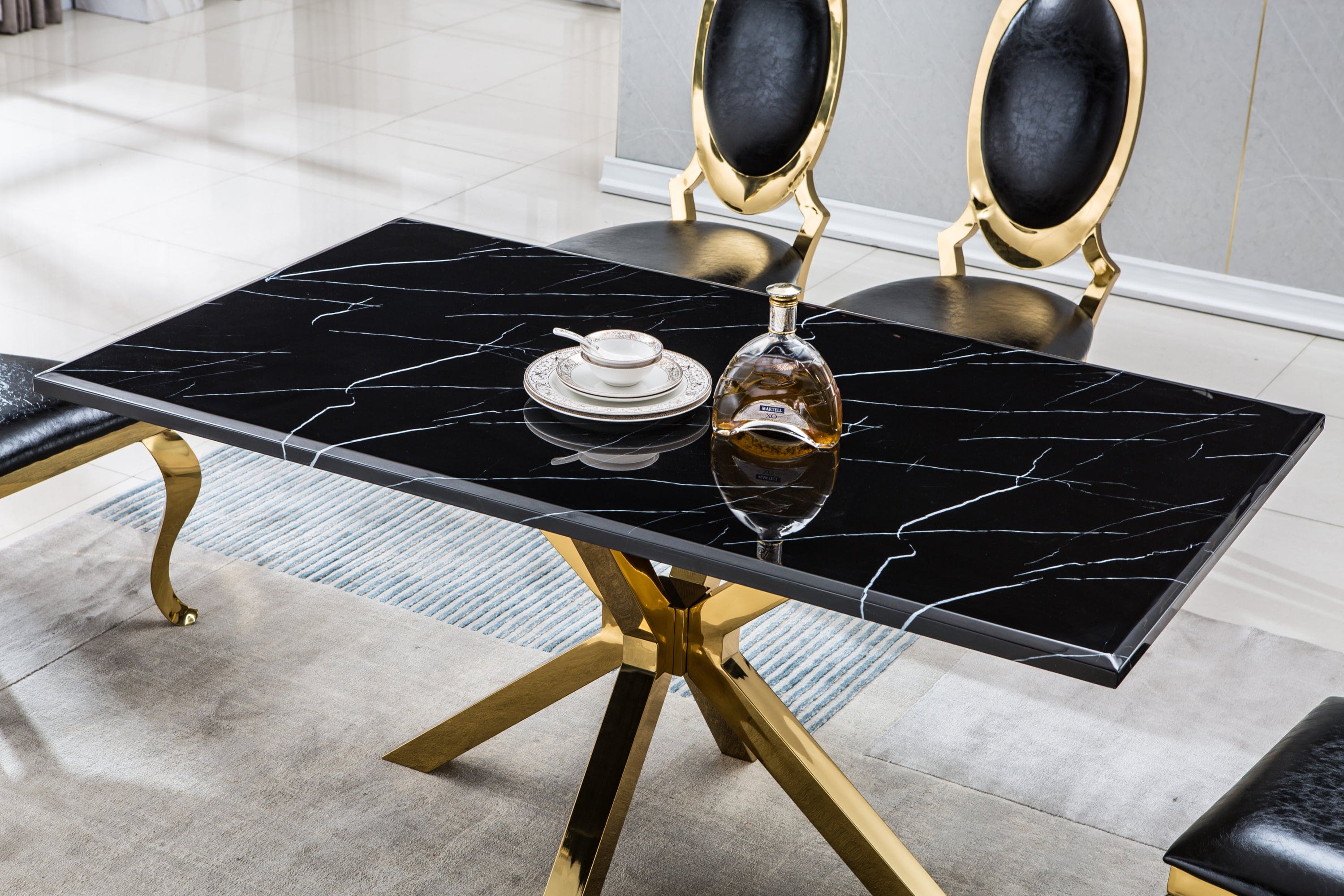 Modern Rectangular Marble Table for Dining Room/Kitchen, 1.02" Thick Marble Top, Gold Finish Stainless Steel Base, Size:63"Lx35"Dx30"H(Not Including Chairs)