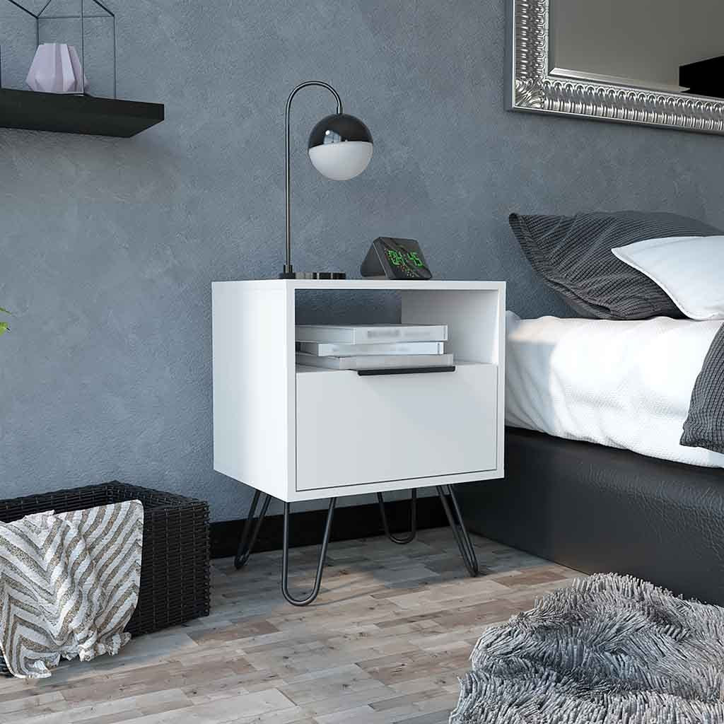 Nightstand Skyoner, Single Drawer, Hairpin Legs, White Finish