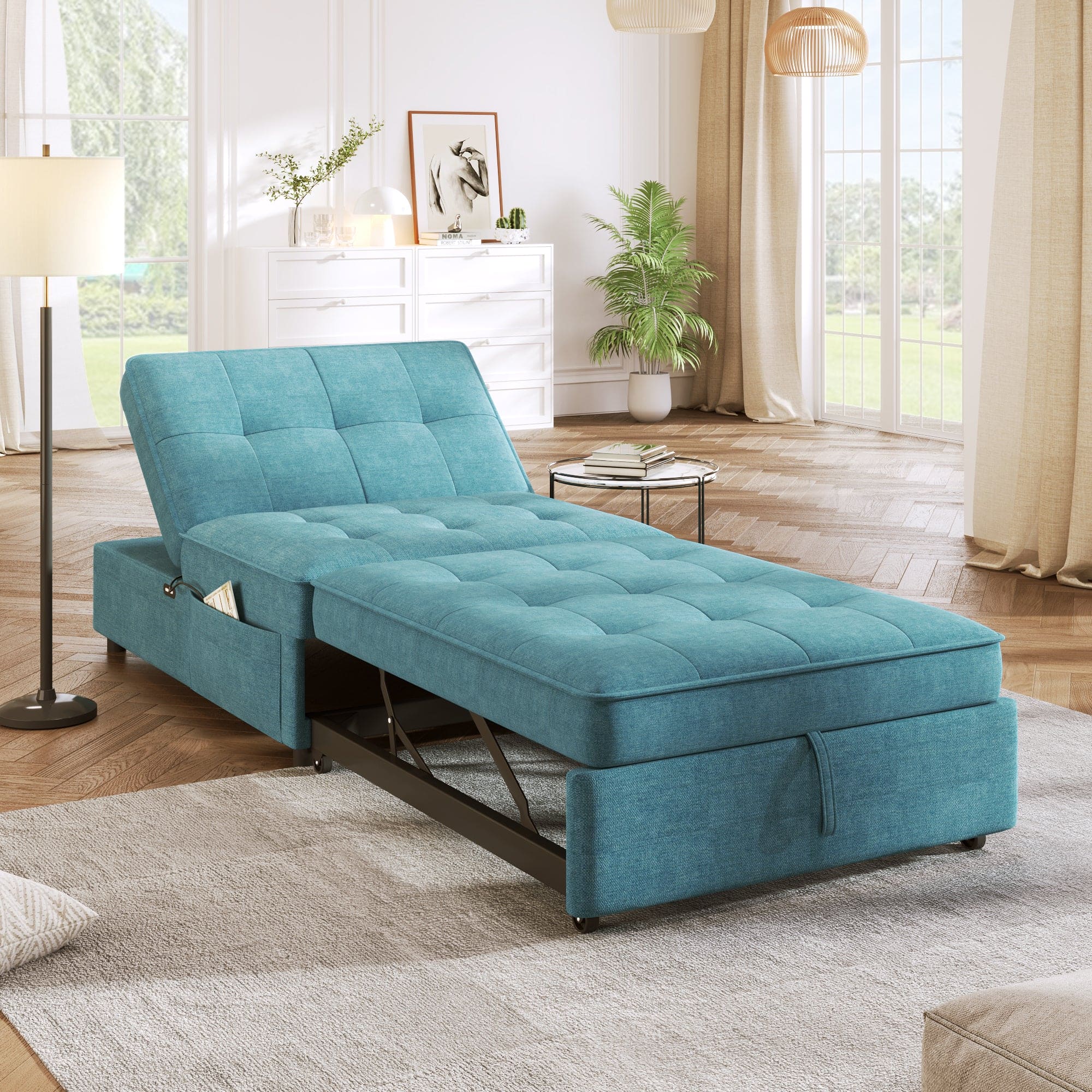 4-in-1 Sofa Bed, Chair Bed, Multi-Function Folding Ottoman Bed with Storage Pocket and USB Port for Small Room Apartment,Living Room,Bedroom,Hallway, Teal