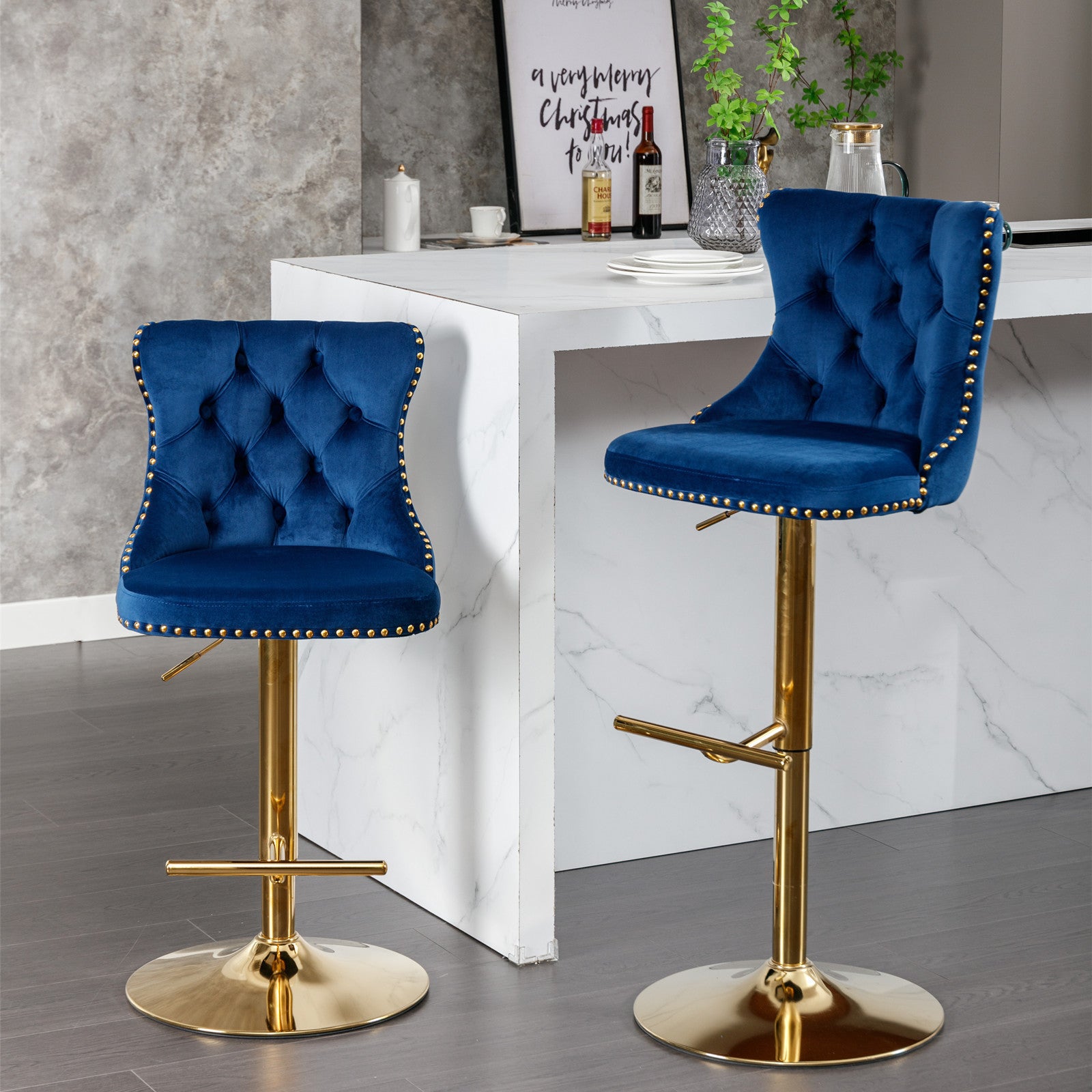 A&A Furniture,Golden Swivel Velvet Barstools Adjusatble Seat Height from 25-33 Inch, Modern Upholstered Bar Stools with Backs Comfortable Tufted for Home Pub and Kitchen Island,Blue,Set of 2