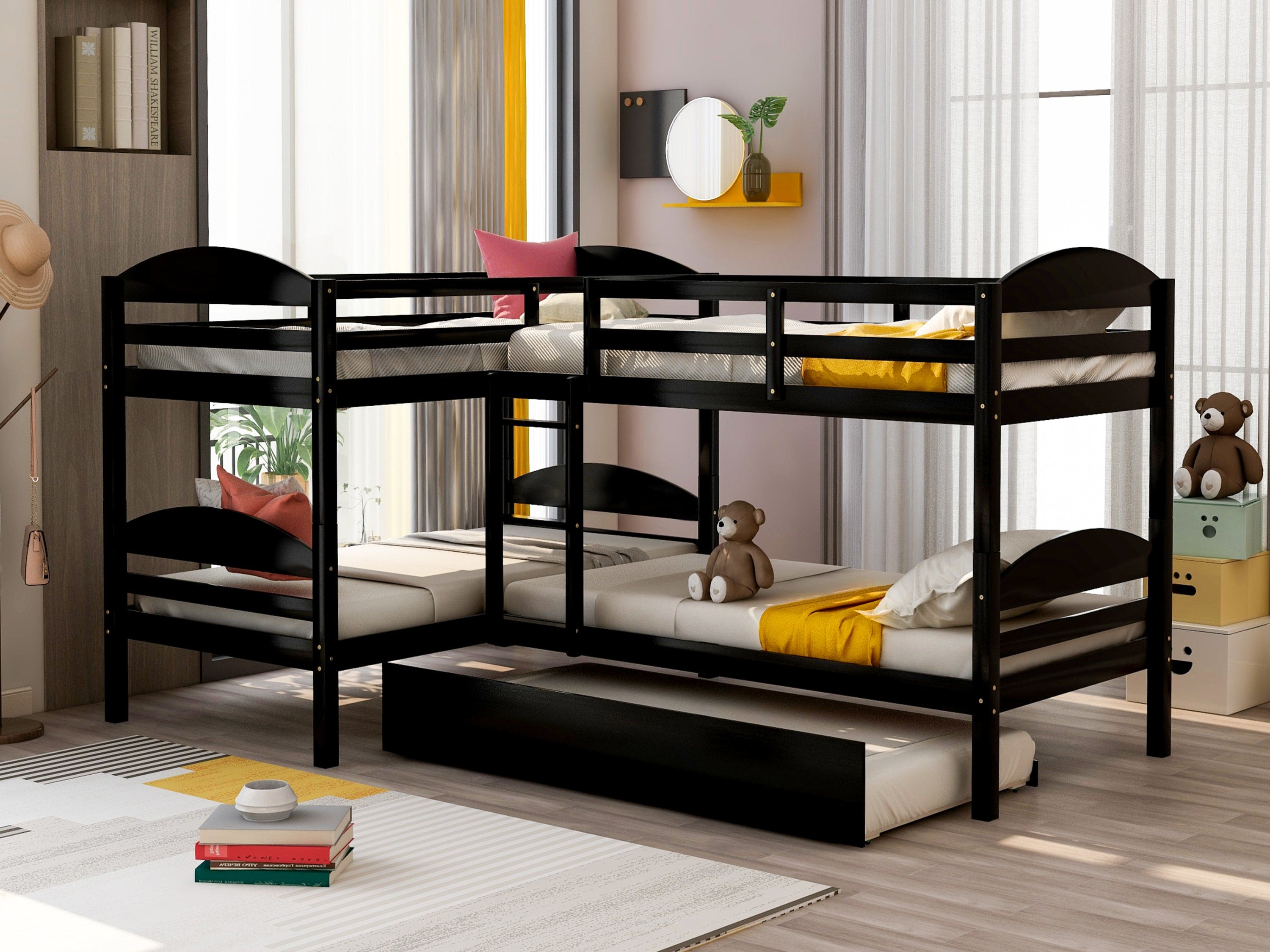 Twin L-Shaped Bunk bed with Trundle-Espresso（OLD SKU:LP000024AAP)