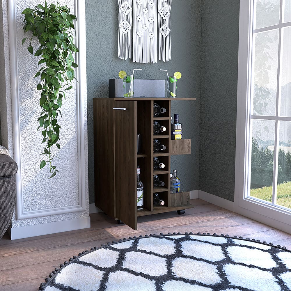 Bar Cart Wells, Four Casters, Dark Walnut Finish