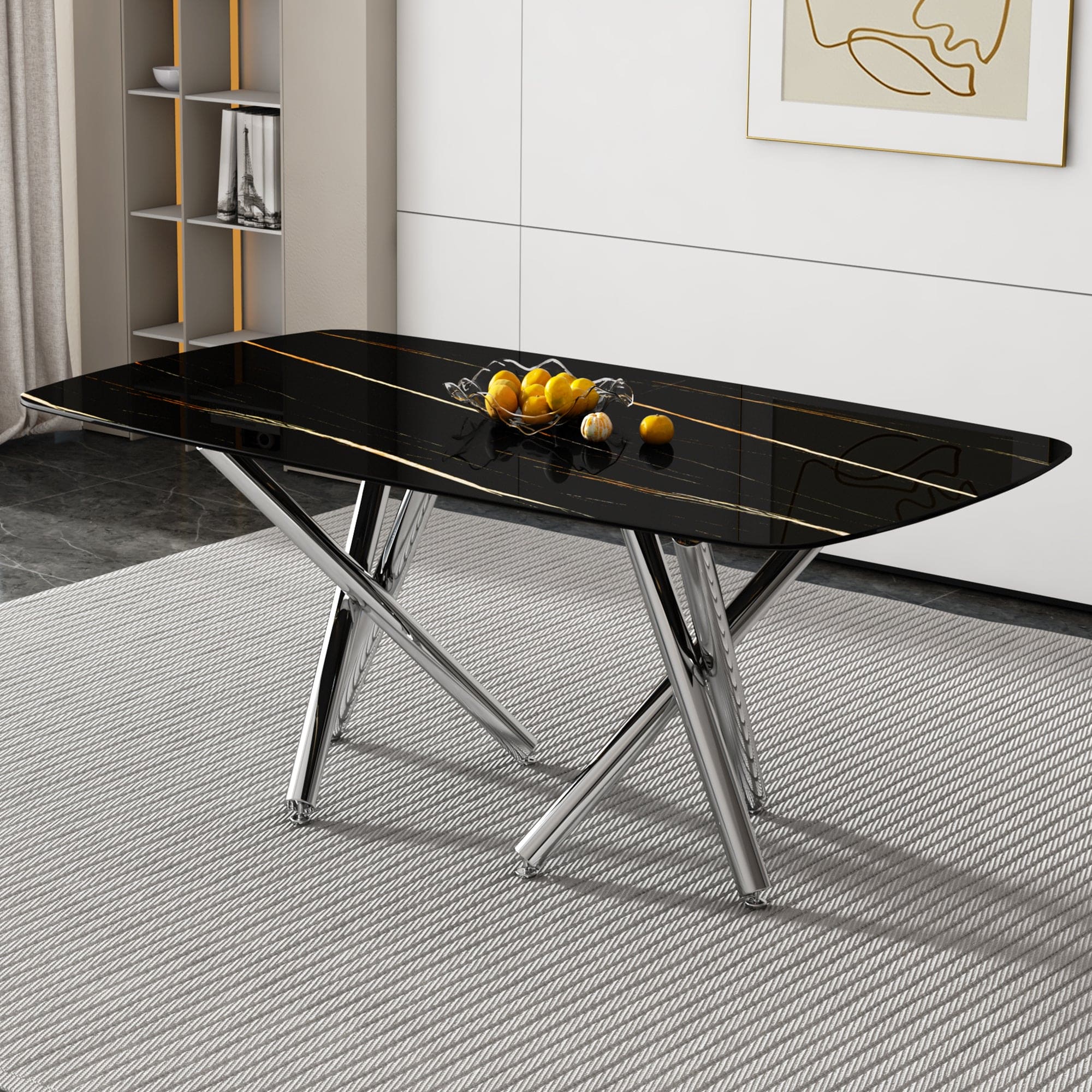 Large modern minimalist rectangular dining table with 0.39 "imitation marble black tabletop and silver metal legs, suitable for kitchens, living rooms, conference rooms, and banquet halls 1538