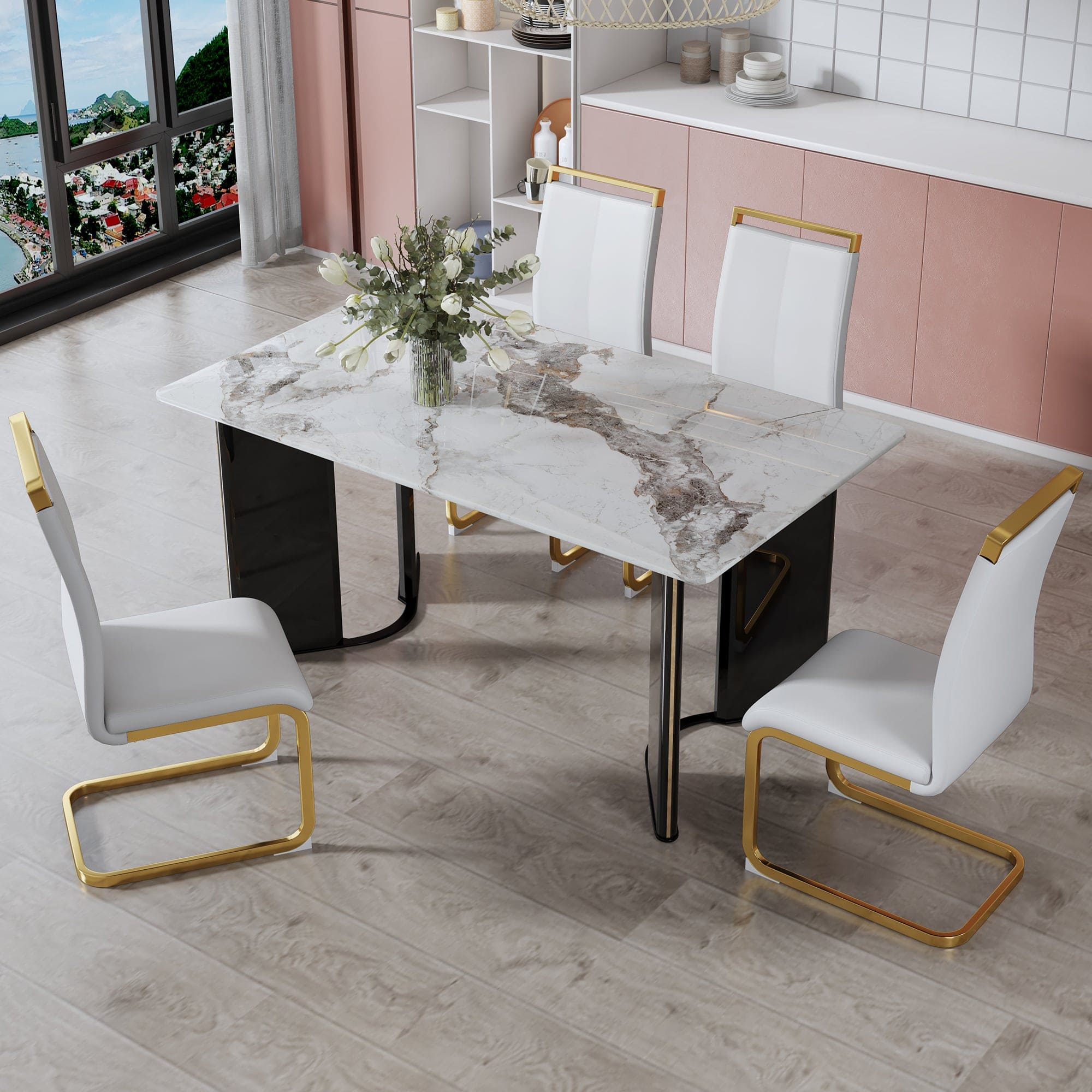 Table and chair set. 1 table and 4 white PU backrest cushions with gold metal leg chairs . A rectangular white imitation marble desktop with MDF legs and gold metal decorative strips. HH1162