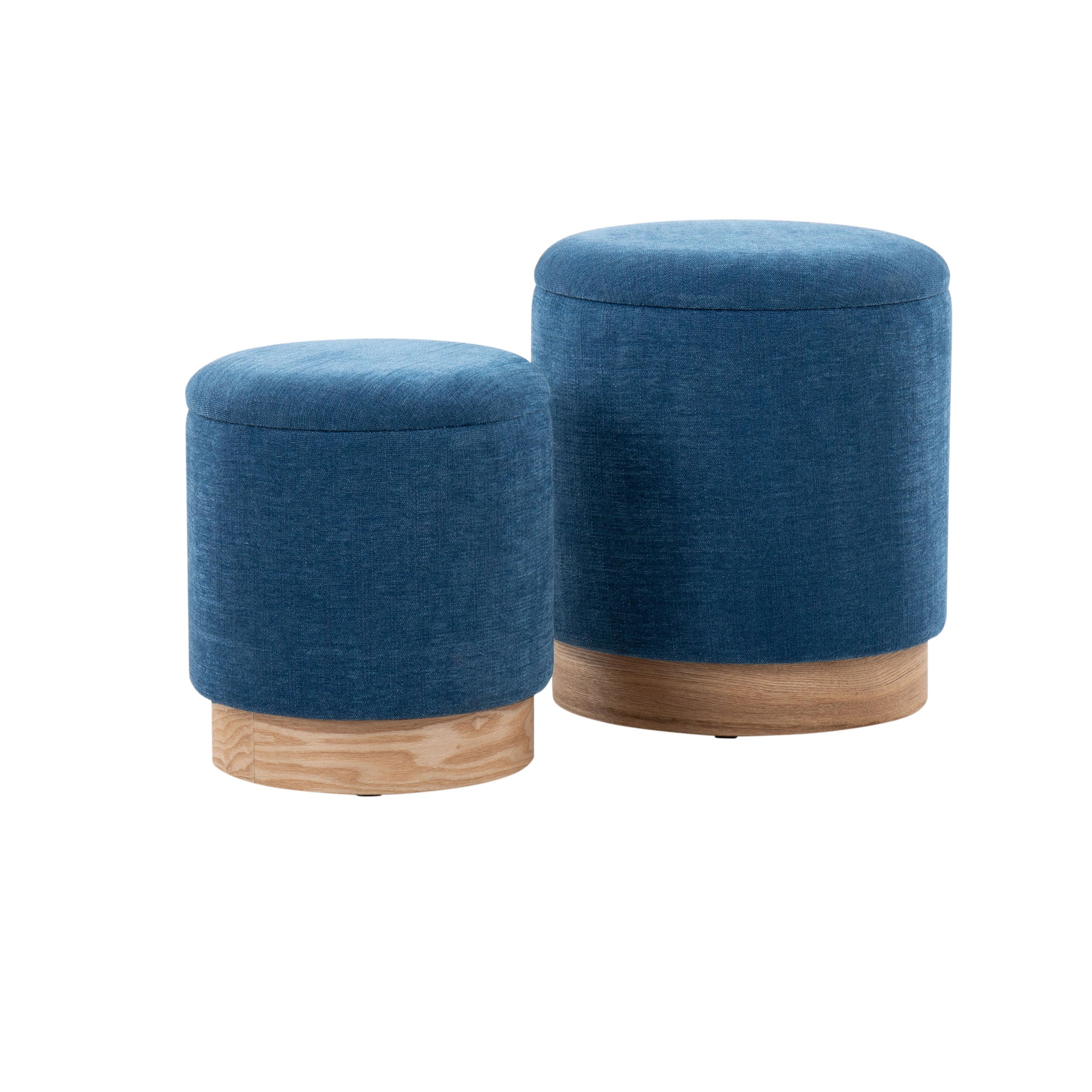 Marla Contemporary Nesting Ottoman Set in Natural Wood and Blue Fabric by LumiSource