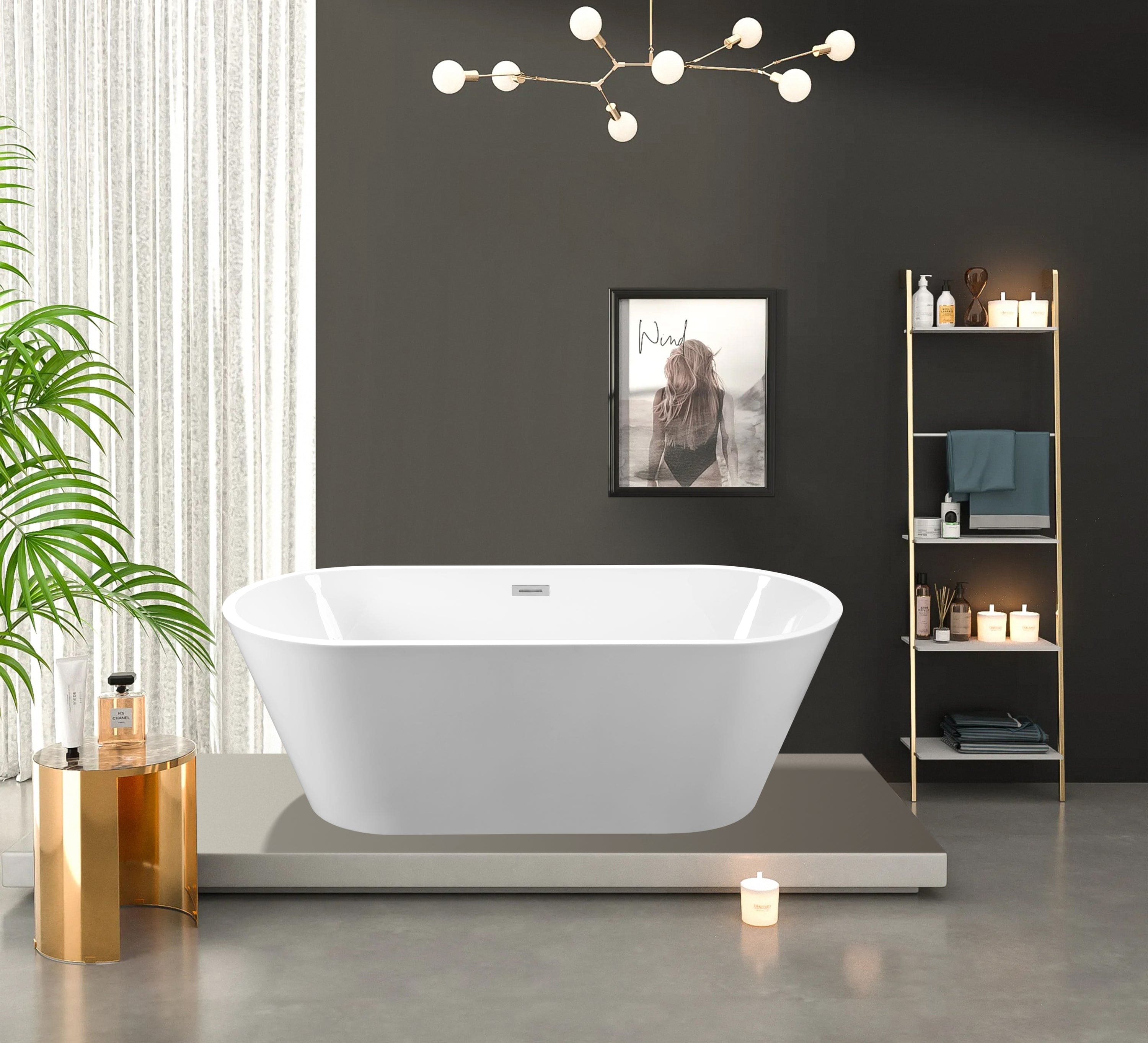 59" Acrylic Freestanding Bathtub-Acrylic Soaking Tubs, White Bathtub, Oval Shape Black Freestanding Bathtub With Chrome Overflow and Pop Up Drain