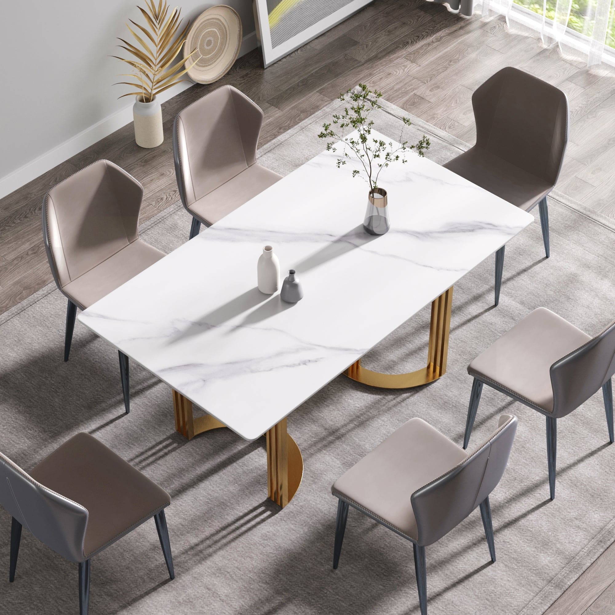 63"Modern artificial stone white straight edge golden metal leg dining table -6 people