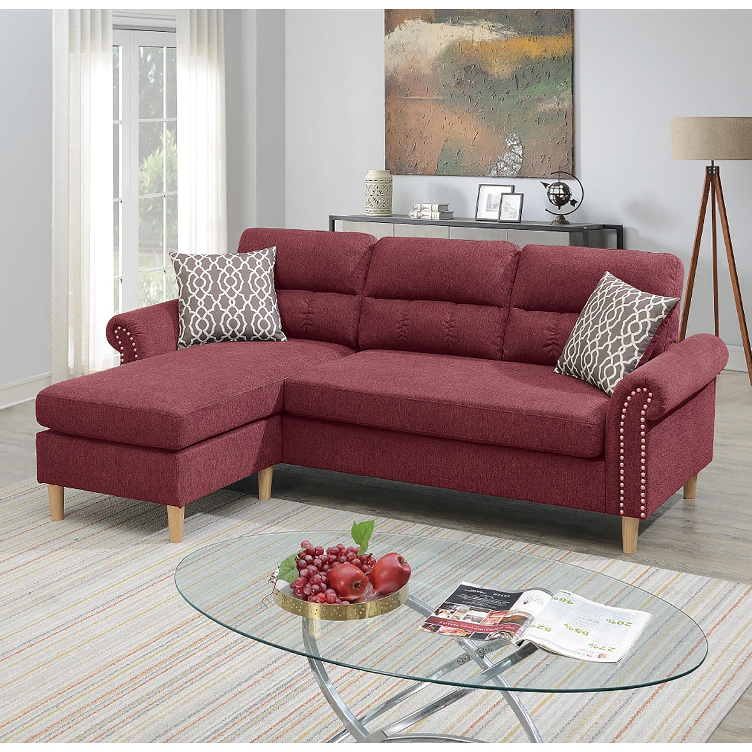 Velvet Reversible Sectional Sofa in Paprika Red