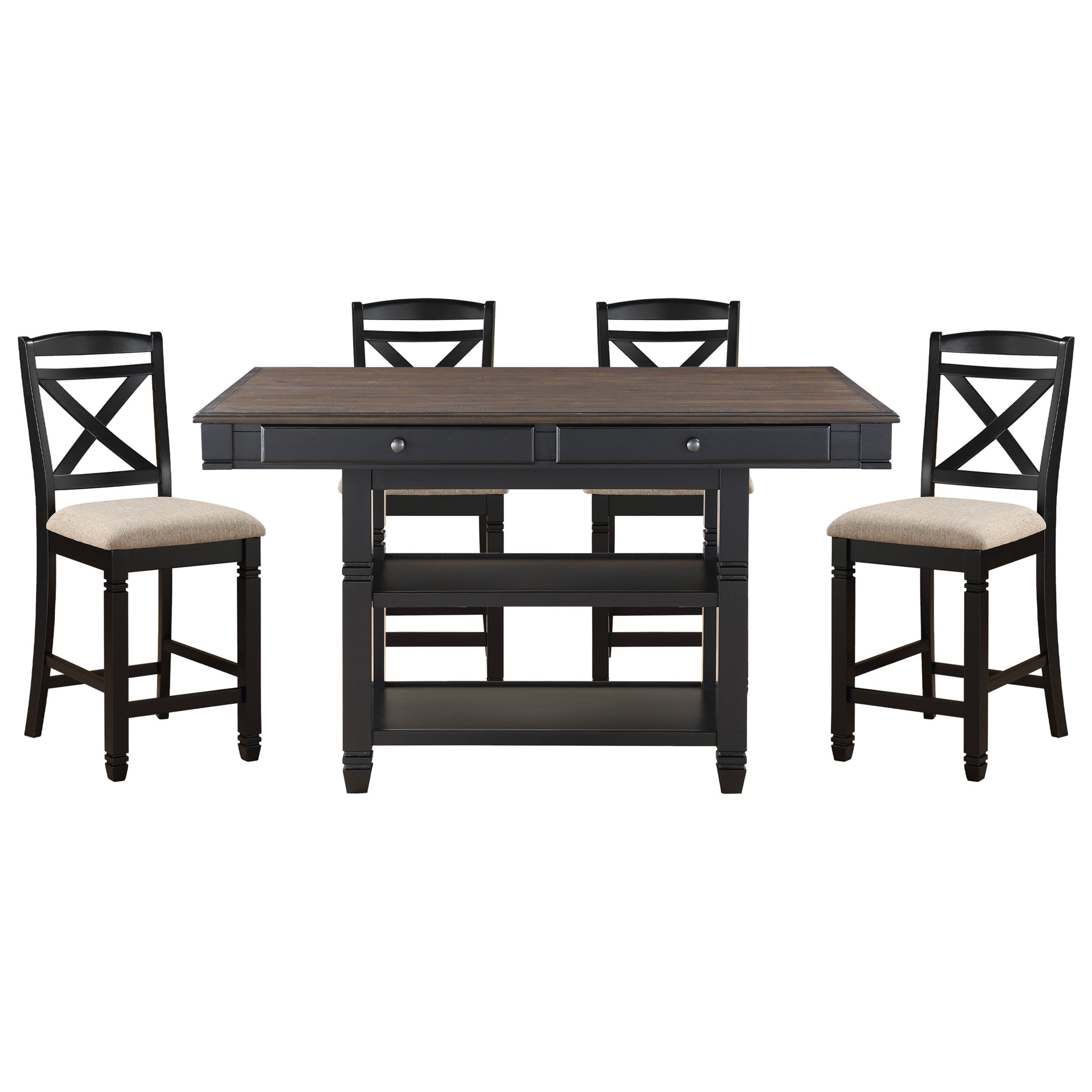 Transitional Style Counter Height Dining Set 5pc Table w Display Shelves Drawers and 4x Counter Height Chairs Black Finish Funiture