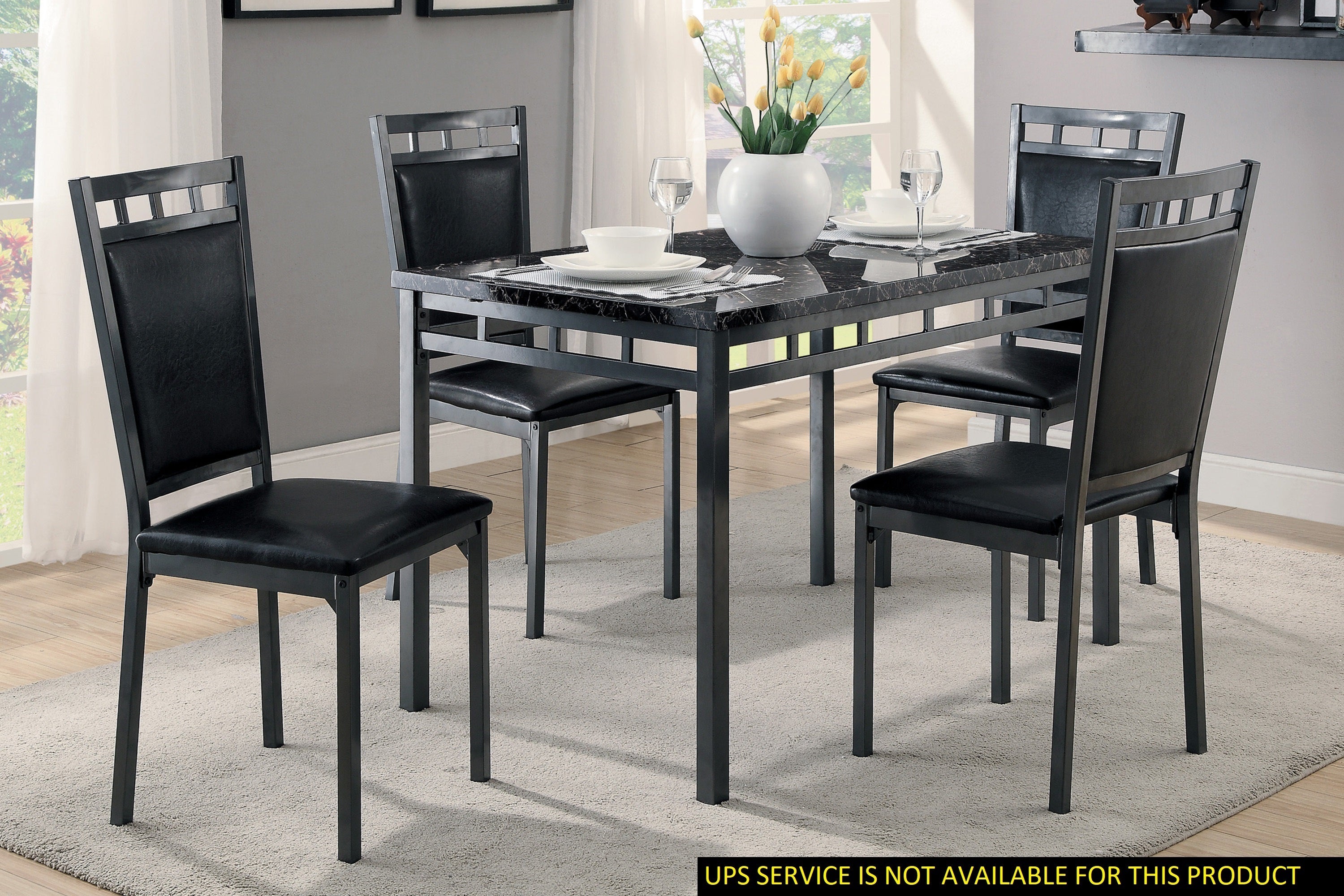 Black Finish 5pc Dinette Set Faux Marble Top Table and 4x Side Chairs Faux Leather Upholstered Metal Frame Casual Dining Room Furniture