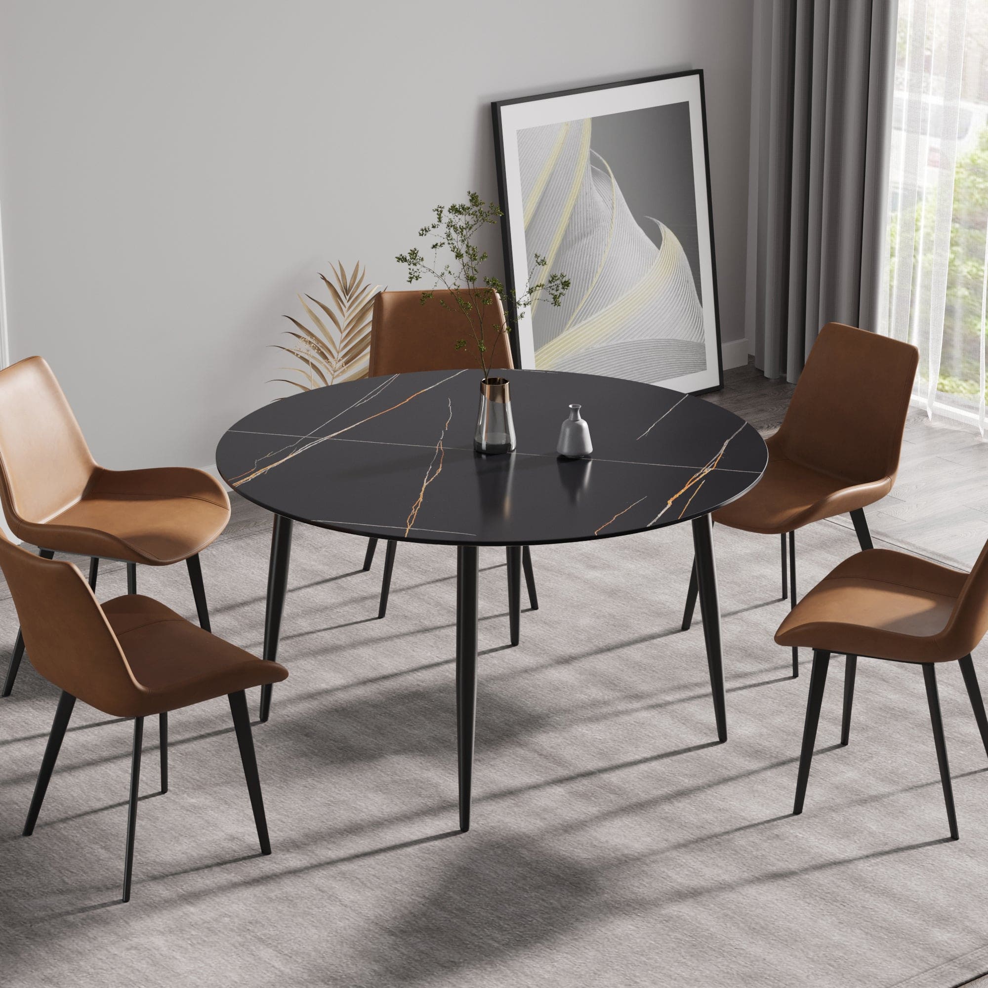 53.15 " modern artificial stone black round dining table with black metal legs-can accommodate 6 people.