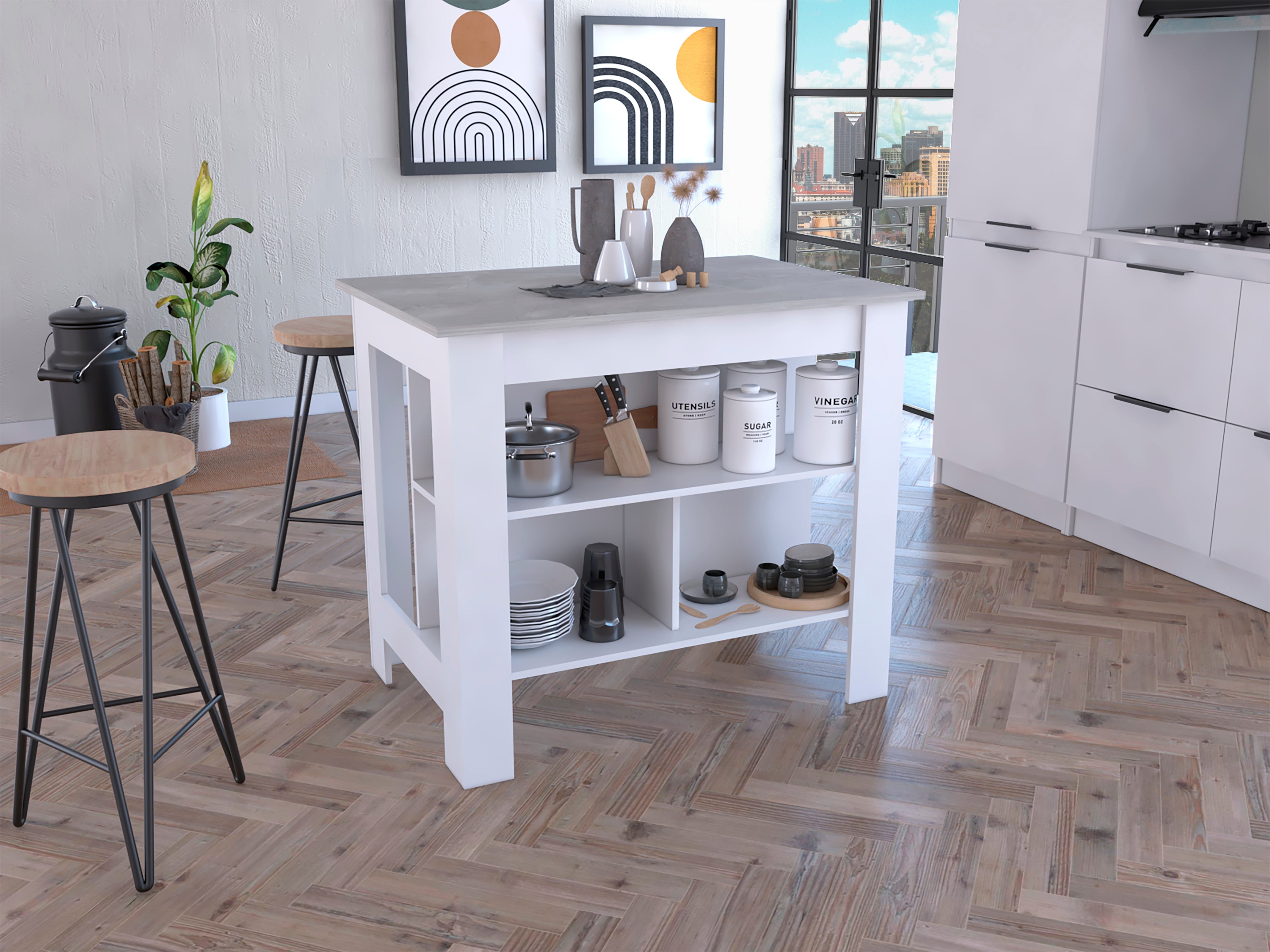 Cala Kitchen Island, Four Legs, Three Shelves  -White / Ibiza Marble