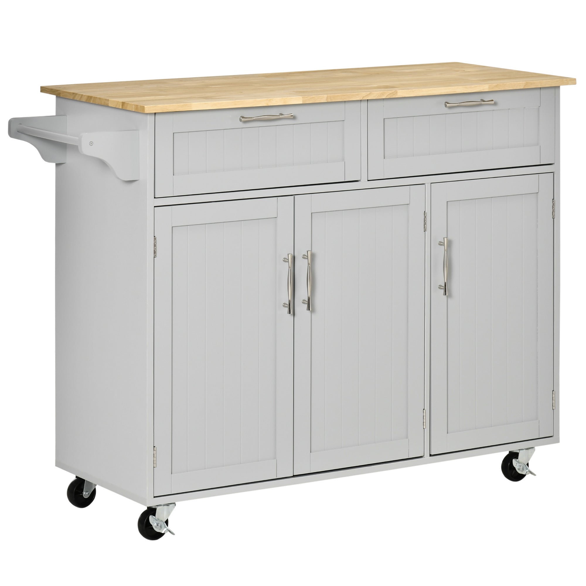 HOMCOM Mobile Kitchen Island with Storage, Kitchen Cart with Wood Top, Storage Drawers, 3-door Cabinets, Adjustable Shelves and Towel Rack, Gray