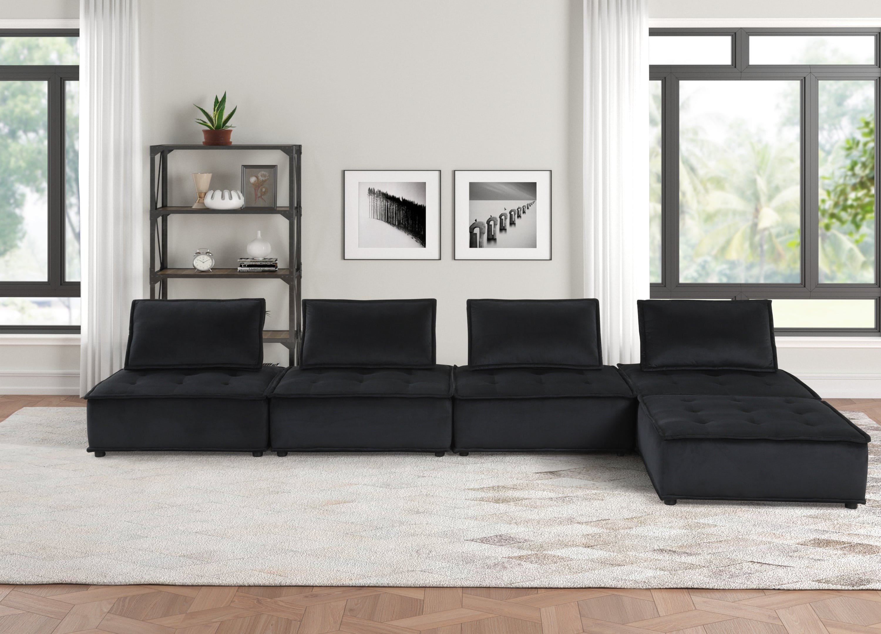 Anna Black Velvet 5 Pc Sectional Sofa Ottoman