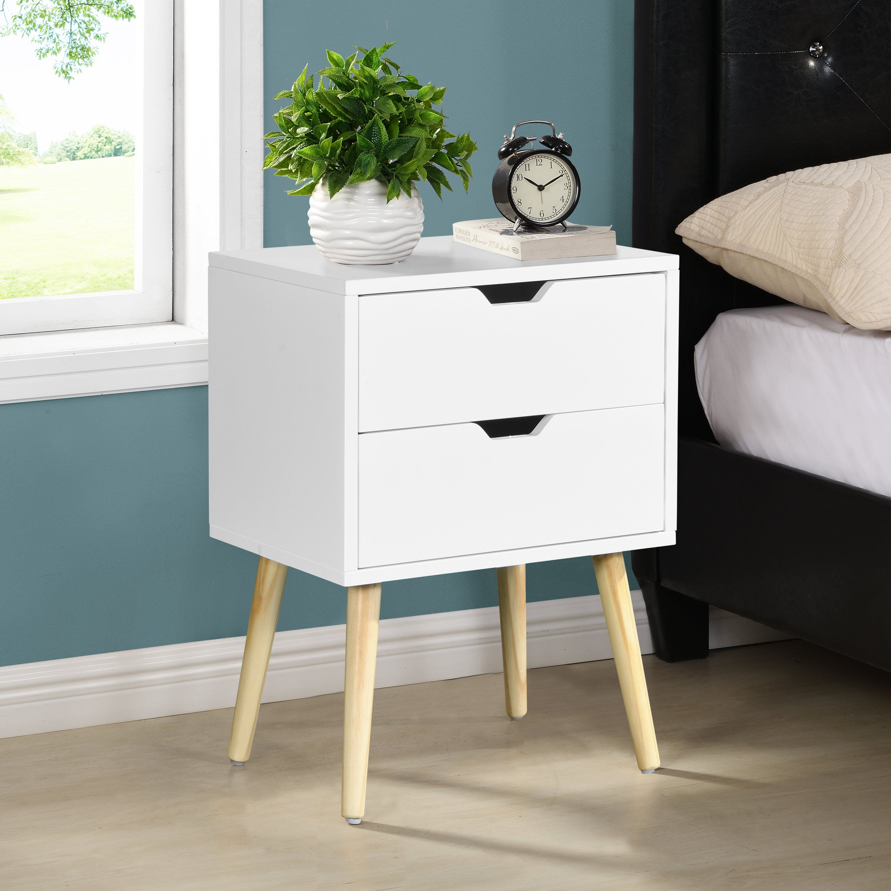 Side Table with 2 Drawer and Rubber Wood Legs, Mid-Century Modern Storage Cabinet for Bedroom Living Room Furniture, White