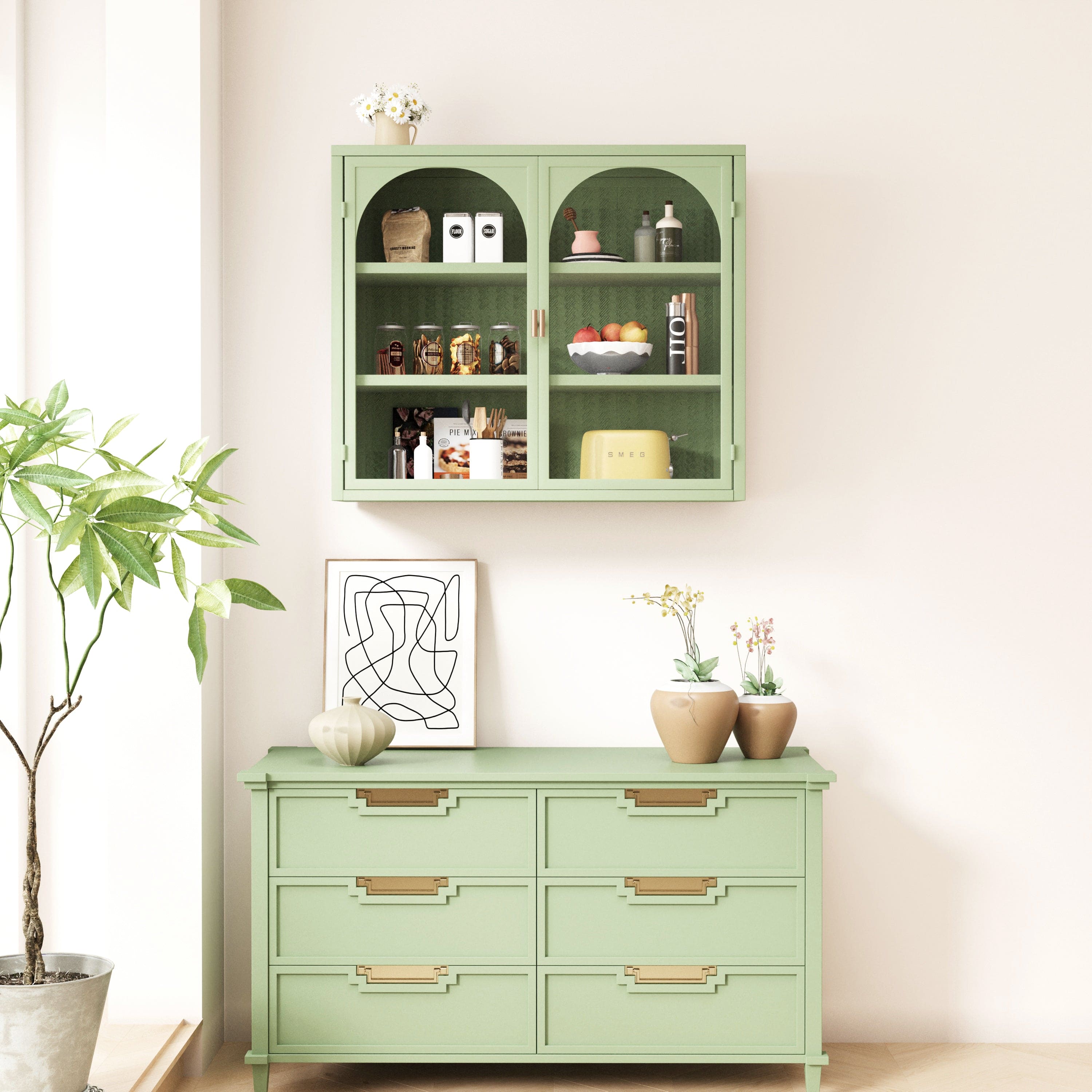 27.56"Glass Doors Modern Two-door Wall Cabinet with Featuring Three-tier Storage for Entryway Living Room Bathroom Dining Room,Wall Cabinet with Characteristic Woven Pattern,Green