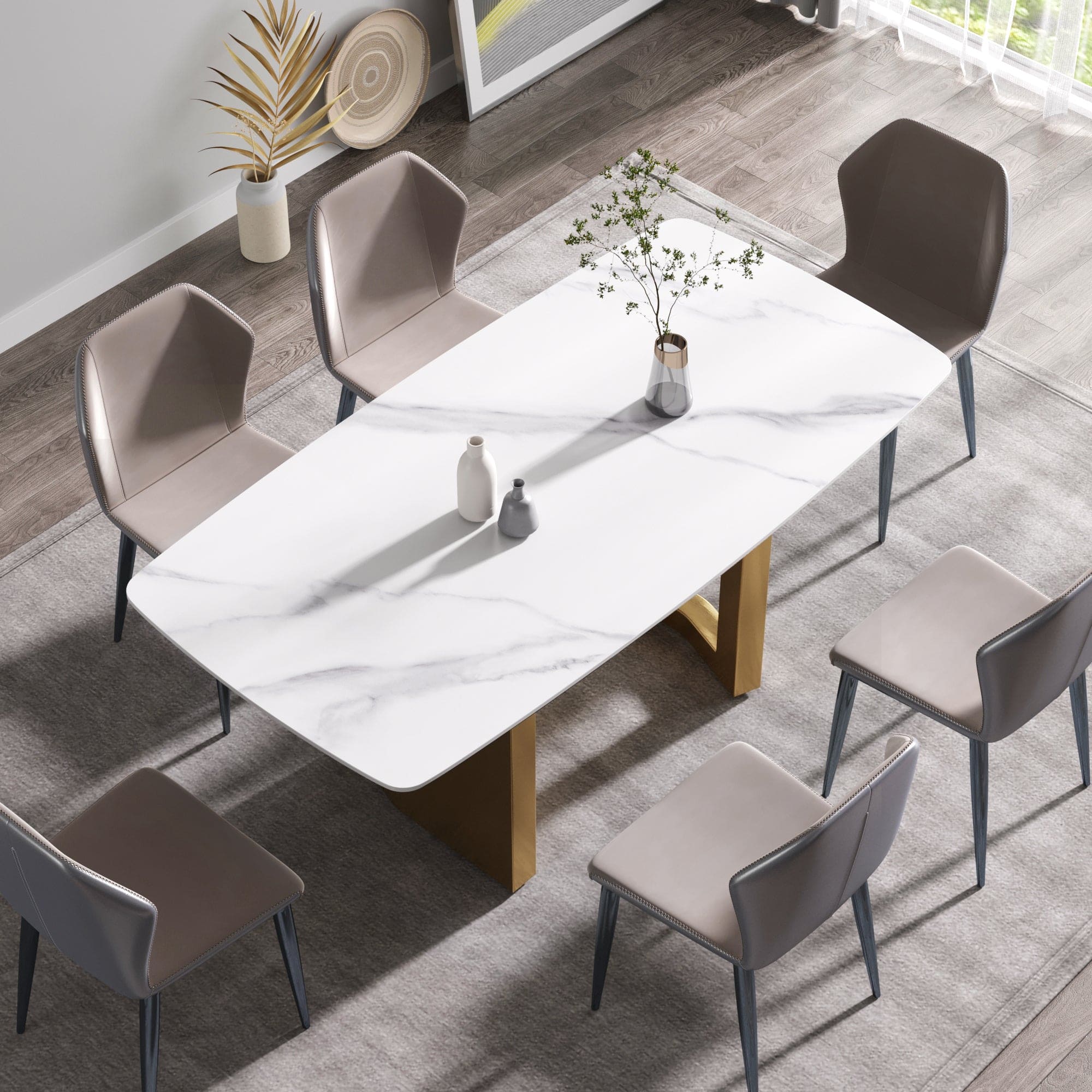 70.87"Modern artificial stone white curved golden metal leg dining table-can accommodate 6-8 people