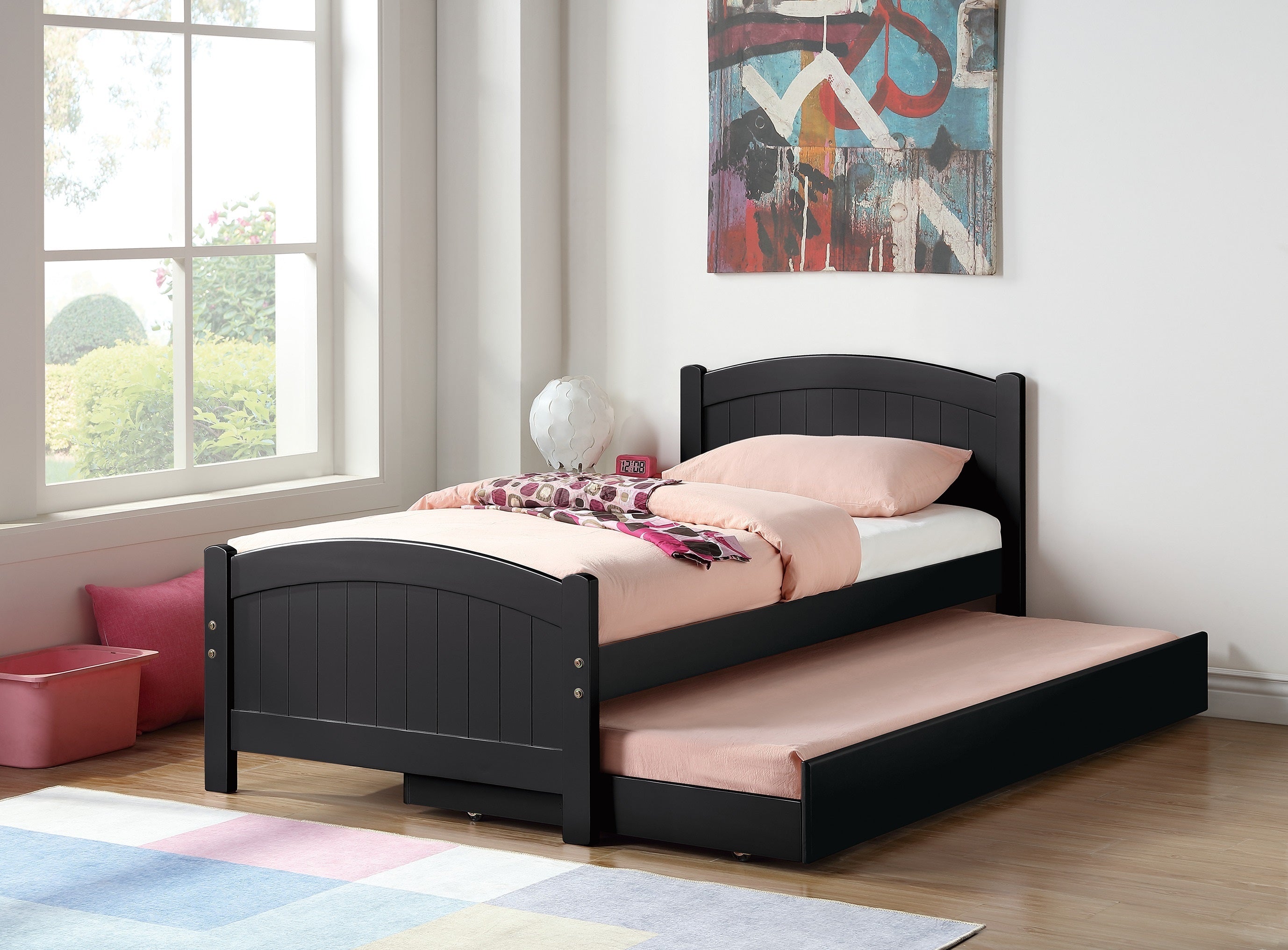 Twin Size Bed w/ Trundle Slats Black Pine Plywood Kids Youth Bedroom Furniture