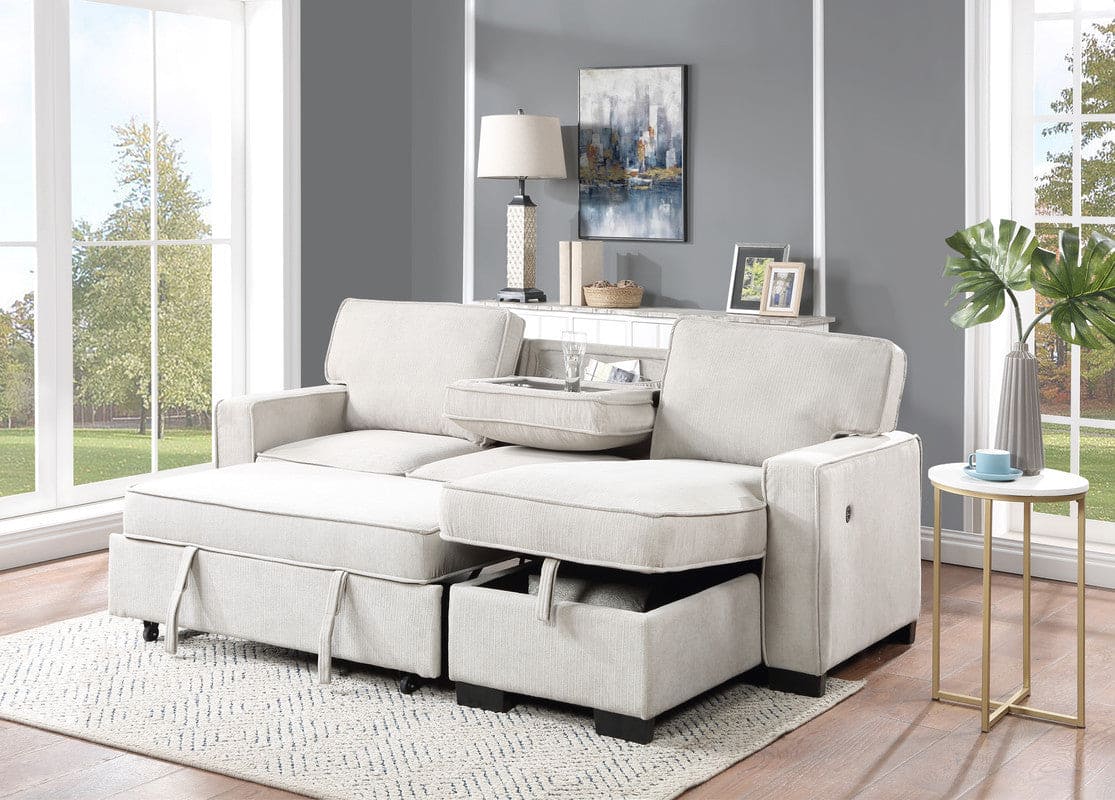 Estelle Beige Fabric Reversible Sleeper Sectional with Storage Chaise Drop-Down Table 2 Cup Holders and 2 USB Ports