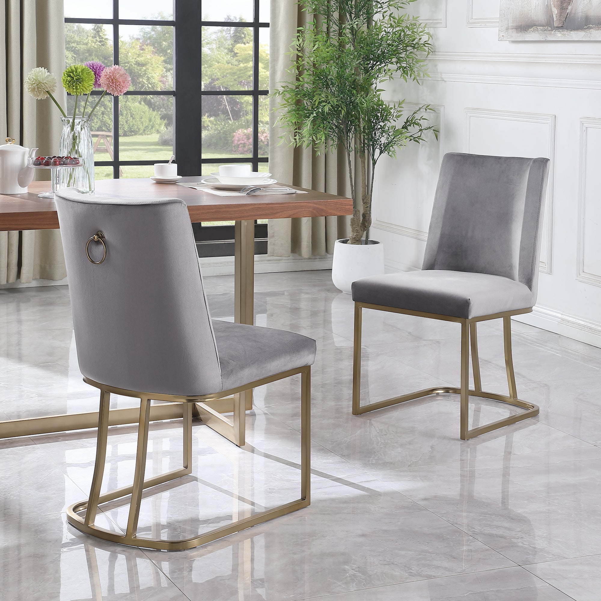 Dining Chairs, Velvet Upolstered Side Chair, Gold Metal Legs (Set of 2) - Gray