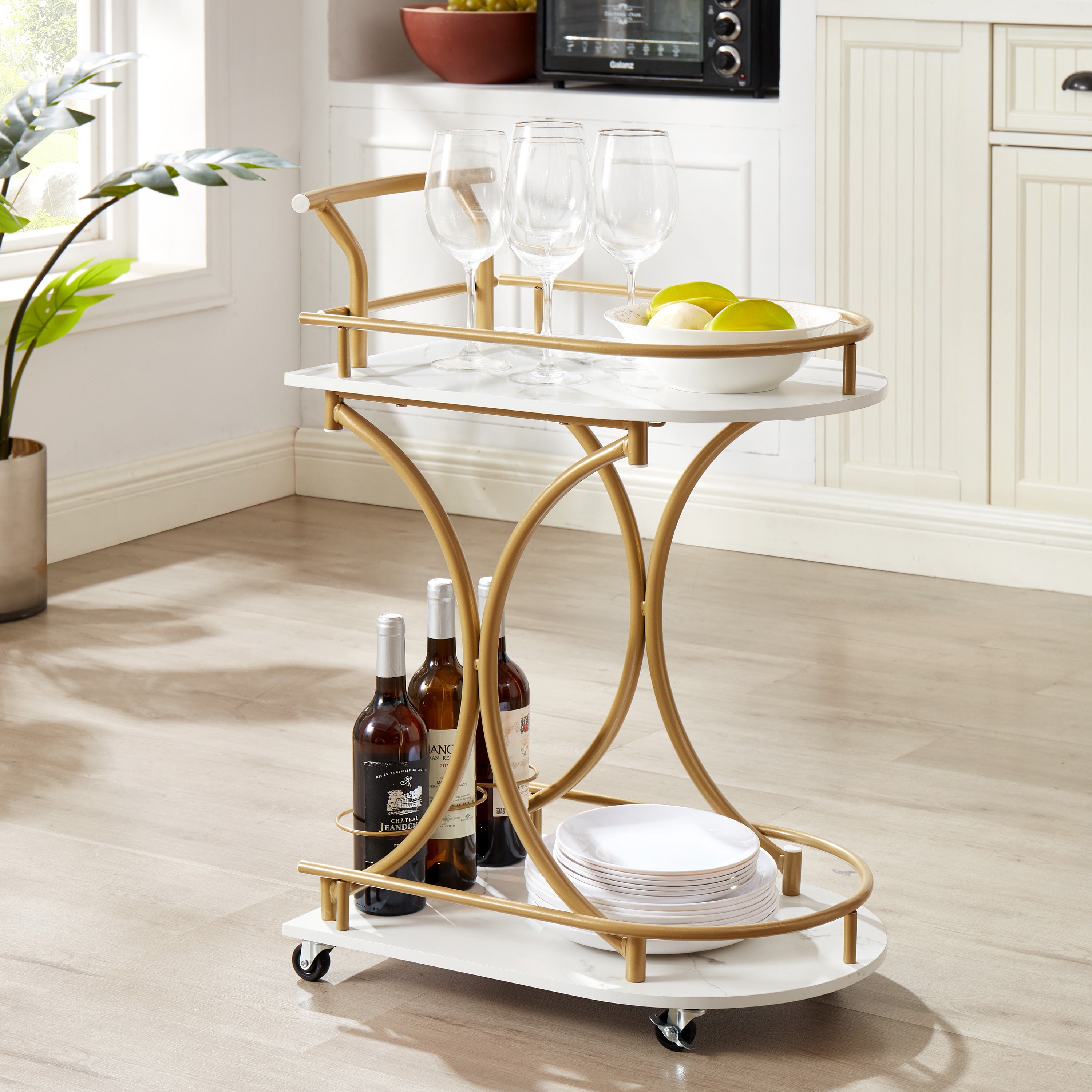 2-Tier Bar Cart, Mobile Bar Serving Cart, Industrial Style Wine Cart for Kitchen, Beverage Cart with Wine Rack and Glass Holder, Rolling Drink Trolley for Living Room