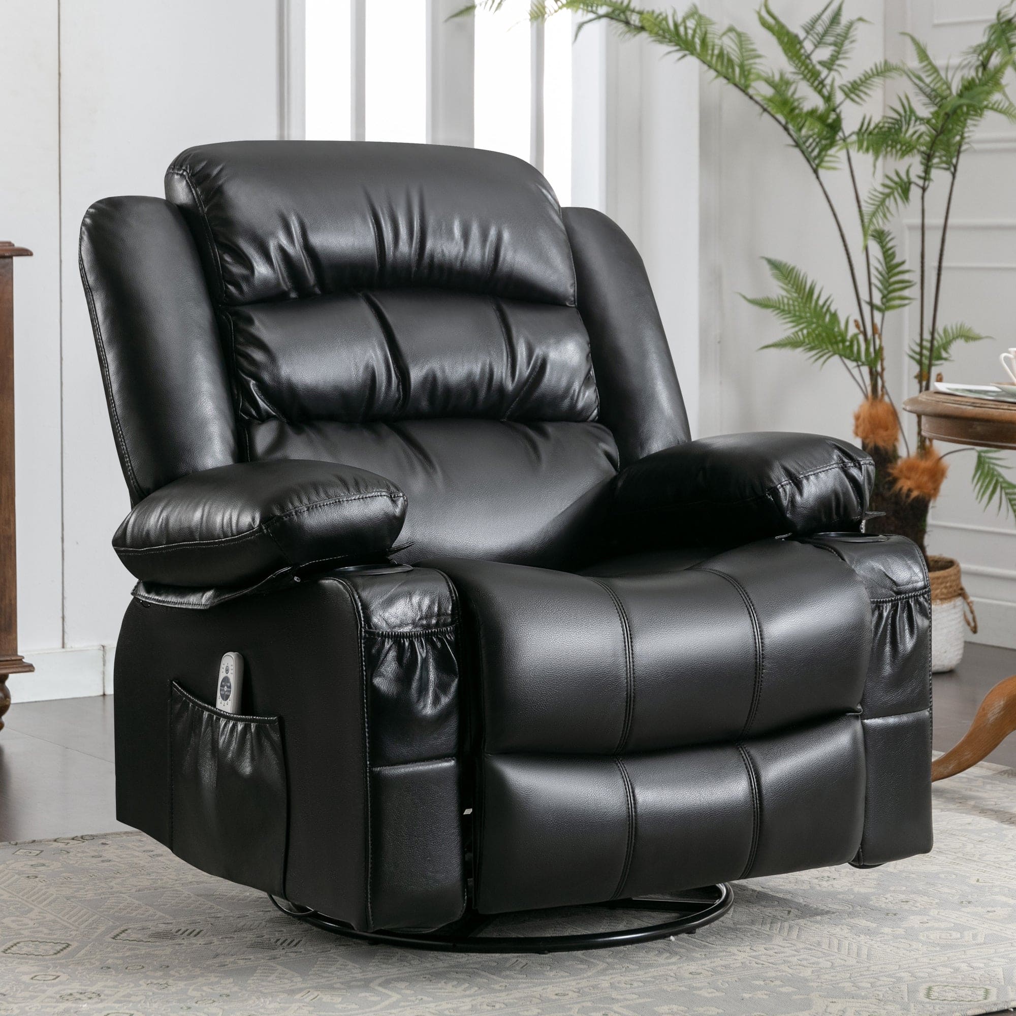 Massage Swivel Rocker Recliner Chair with Vibration Massage and Heat Ergonomic Lounge Chair for Living Room with Rocking Function and Side Pocket   2 Cup Holders USB Charge Port ,black.