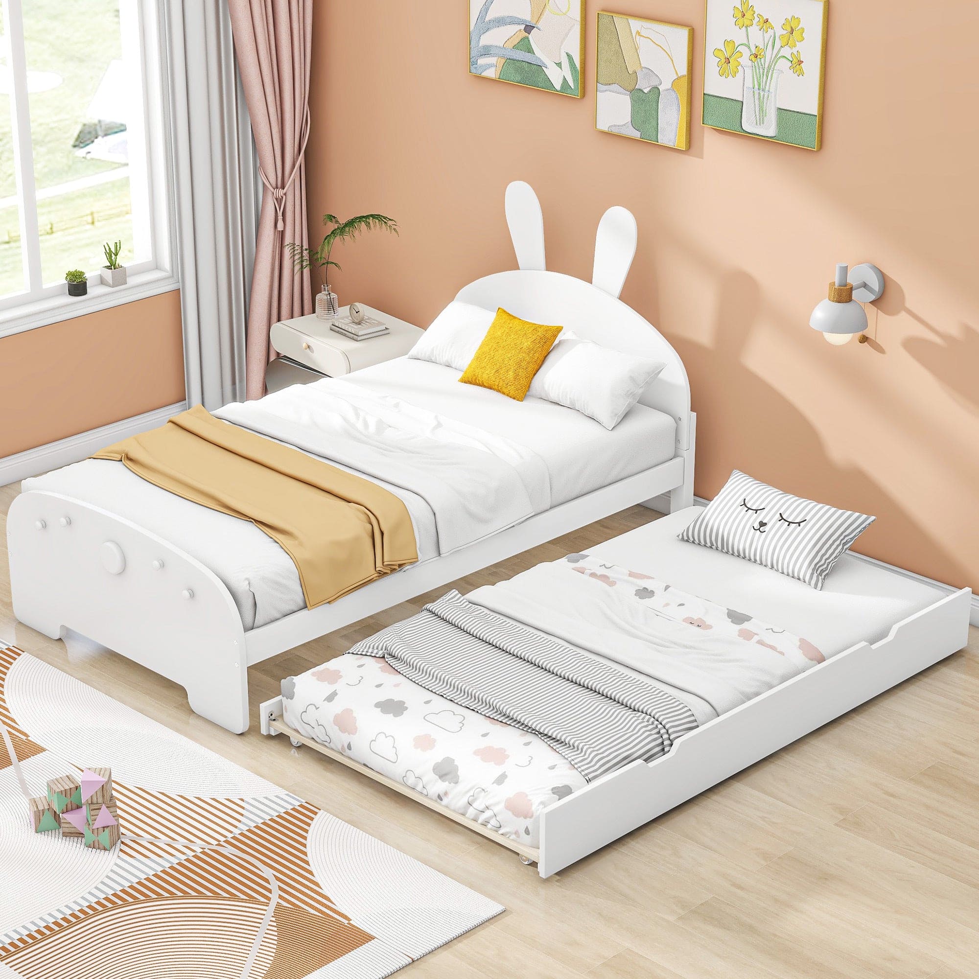 Wood Twin Size Platform Bed with Cartoon Ears Shaped Headboard and Trundle, White