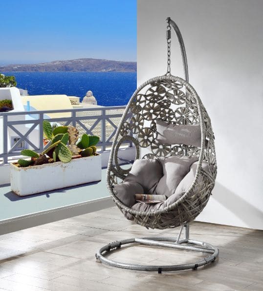 ACME Sigar Patio Hanging Chair with Stand, Light Gray Fabric & Wicker 45107